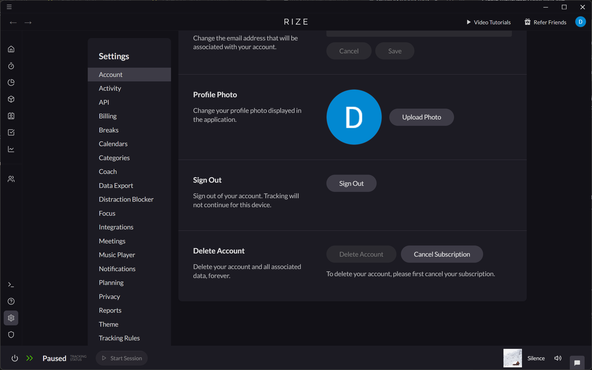 Screenshot showing the Cancel Subscription option in the Delete Account setting