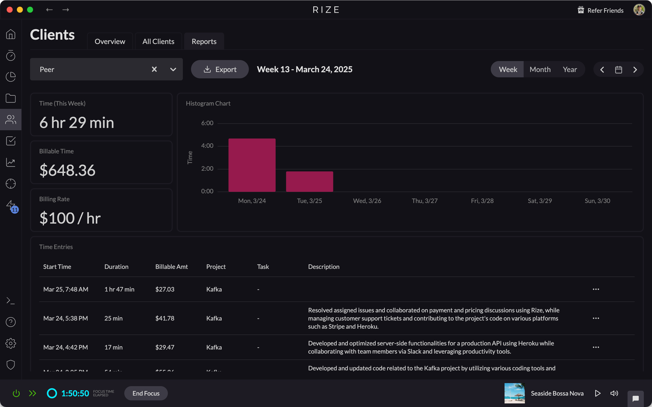 Screenshot showing billable hours in Client Reports