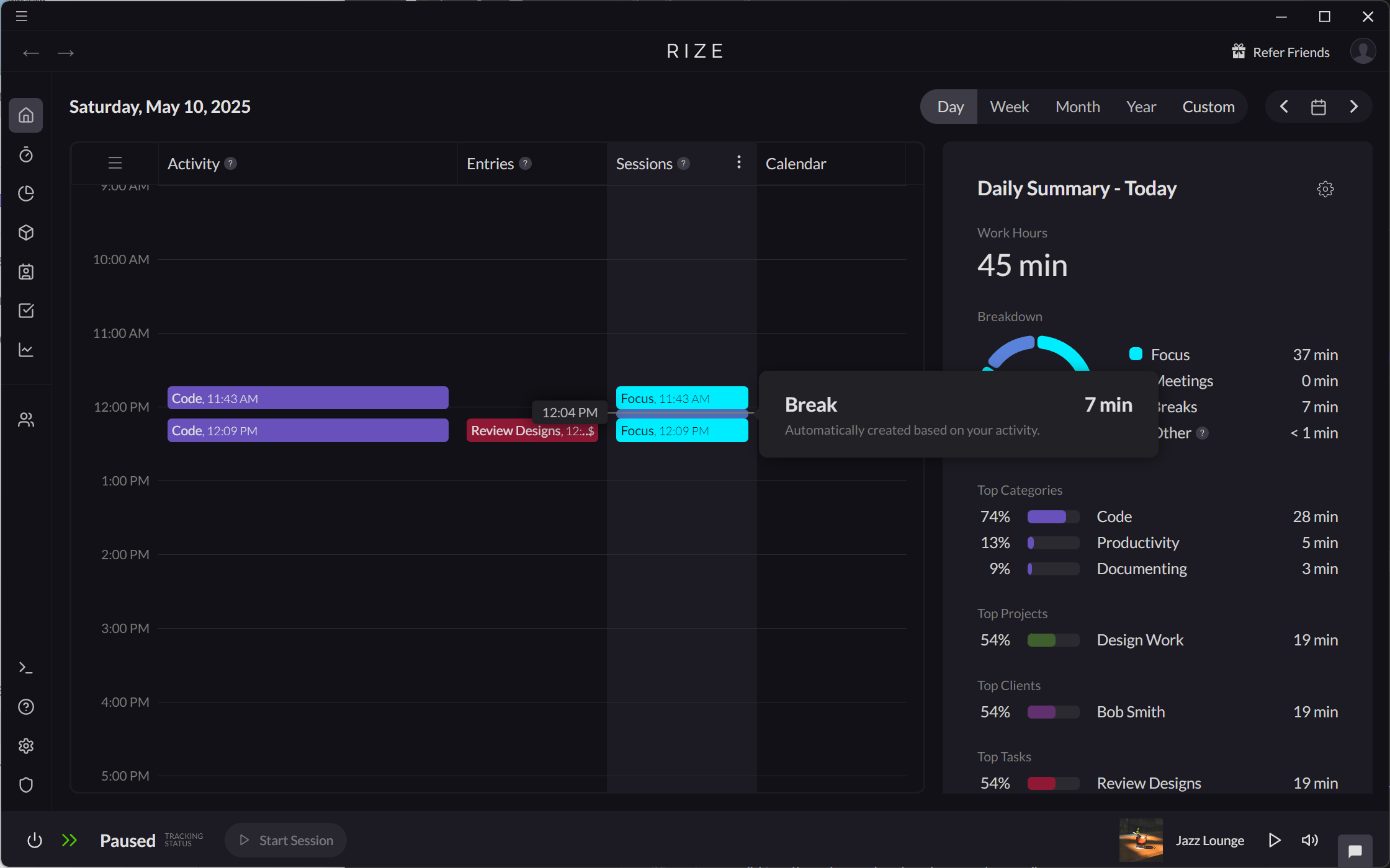 Screenshot showing Break Session in Timeline