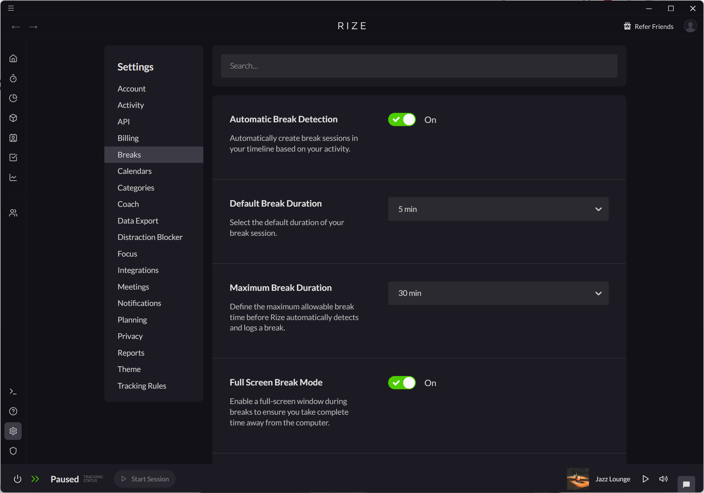 Screenshot showing settings for Breaks