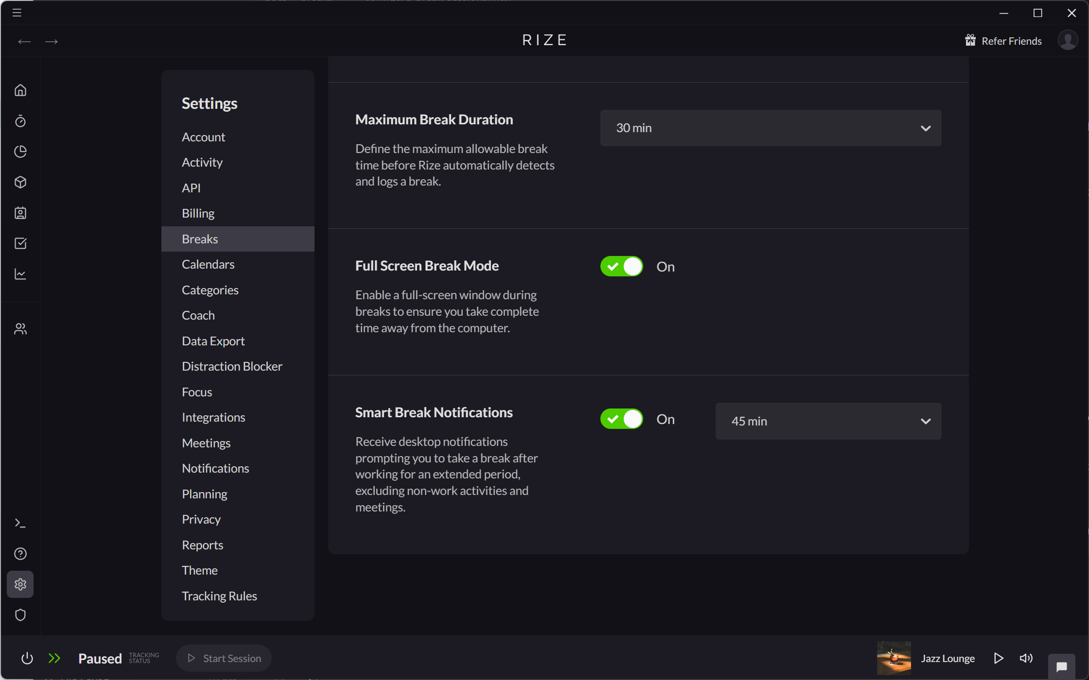 Screenshot showing how to toggle Full Screen Break Mode in Settings