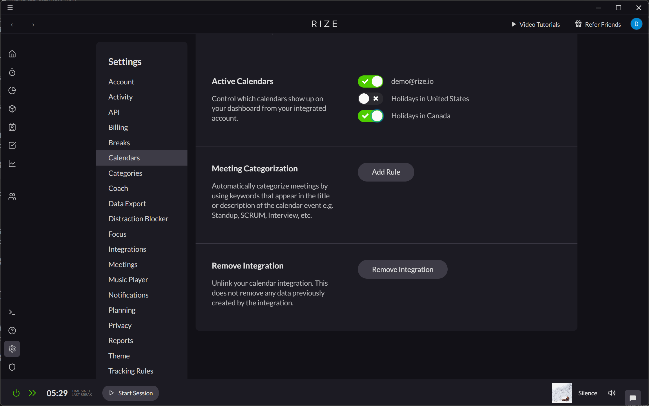 Screenshot showing settings for Calendars