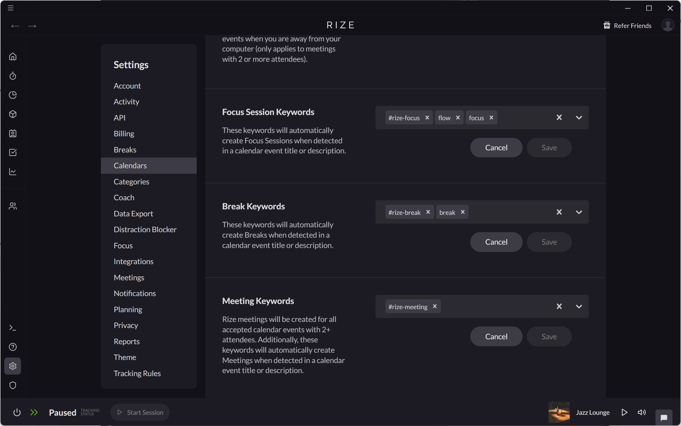 Screenshot showing settings for session keywords