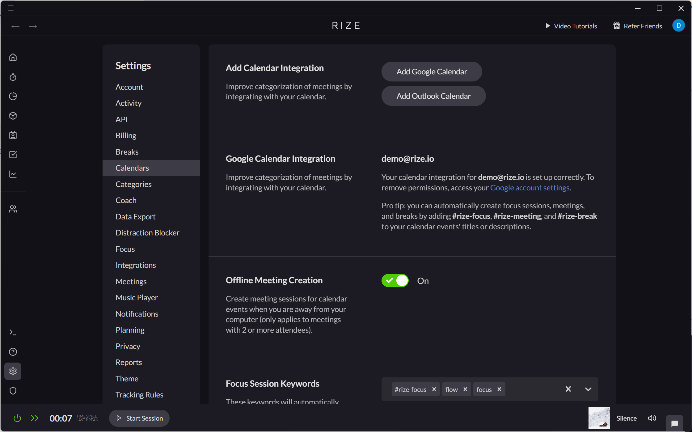 Screenshot showing settings for Calendars