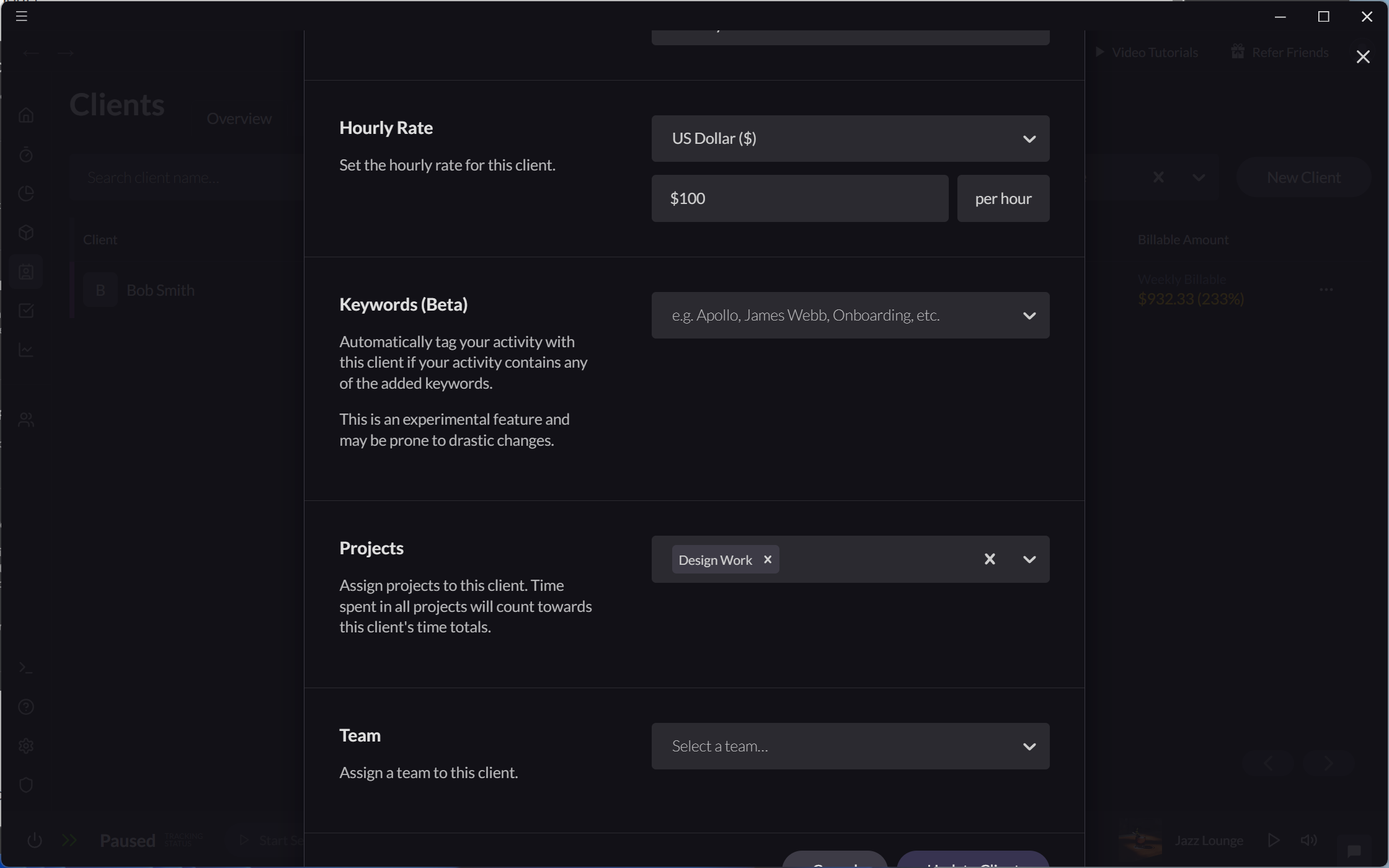 Screenshot showing how to set hourly rates for clients