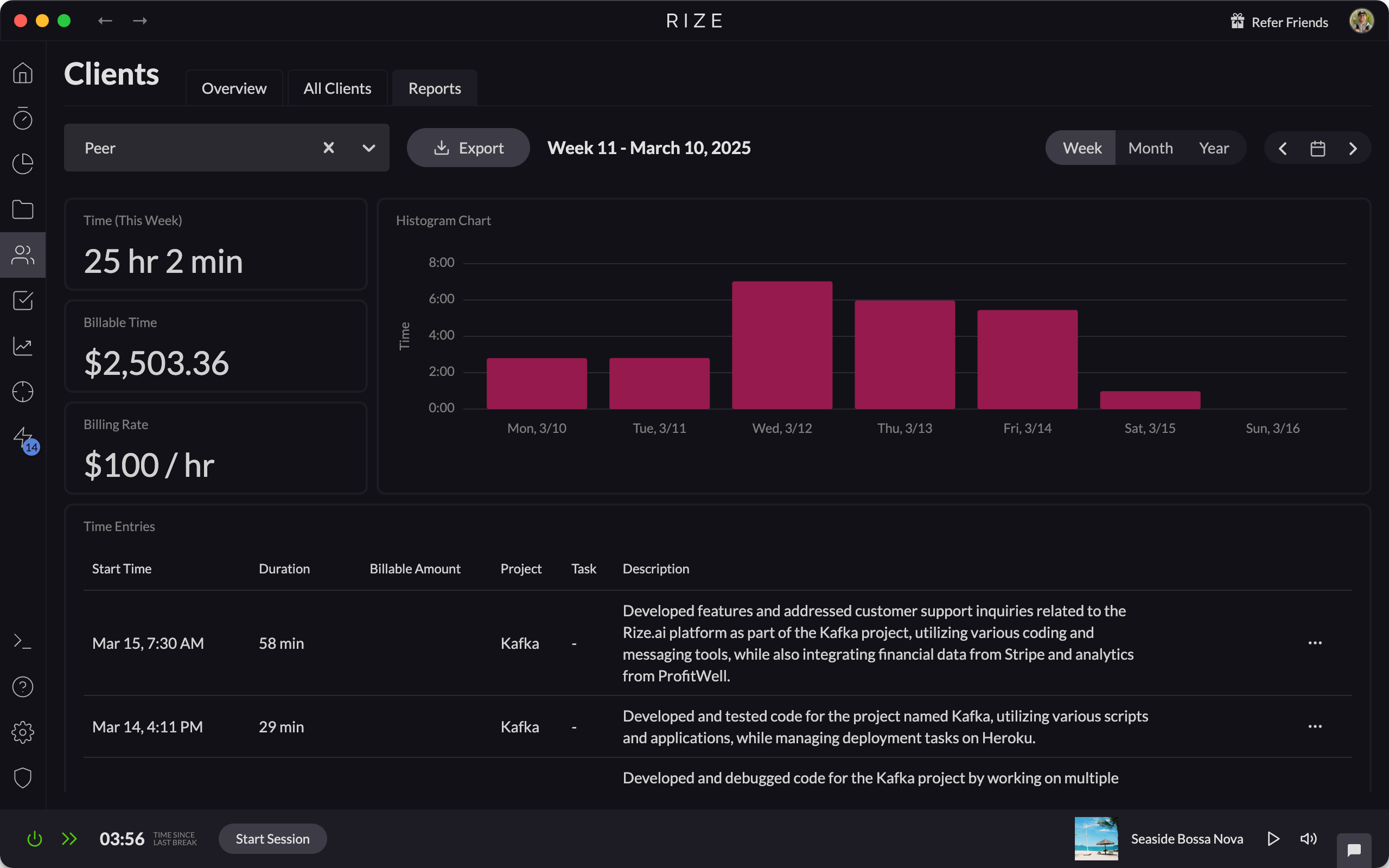 Screenshot showing the Clients Report interface in Rize