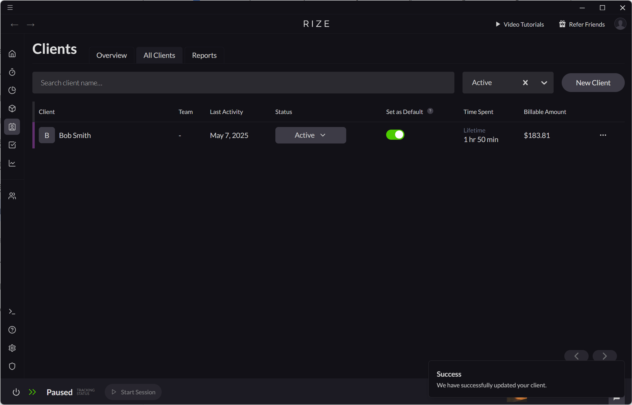 Screenshot showing a client set to default