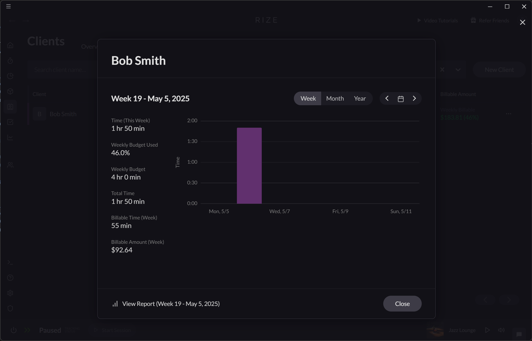 Screenshot showing client budget progress and time spent