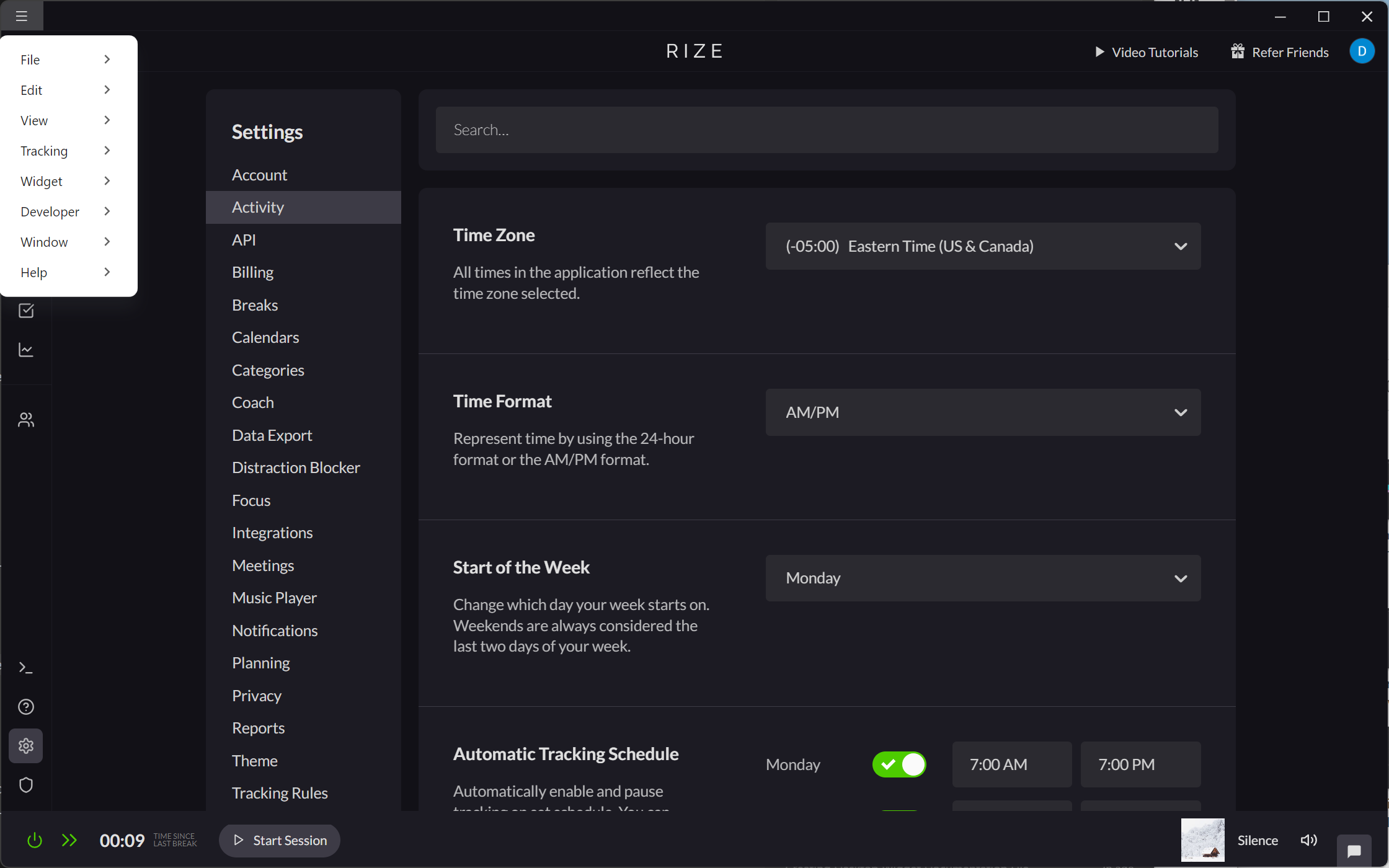Screenshot showing the dashboard menu