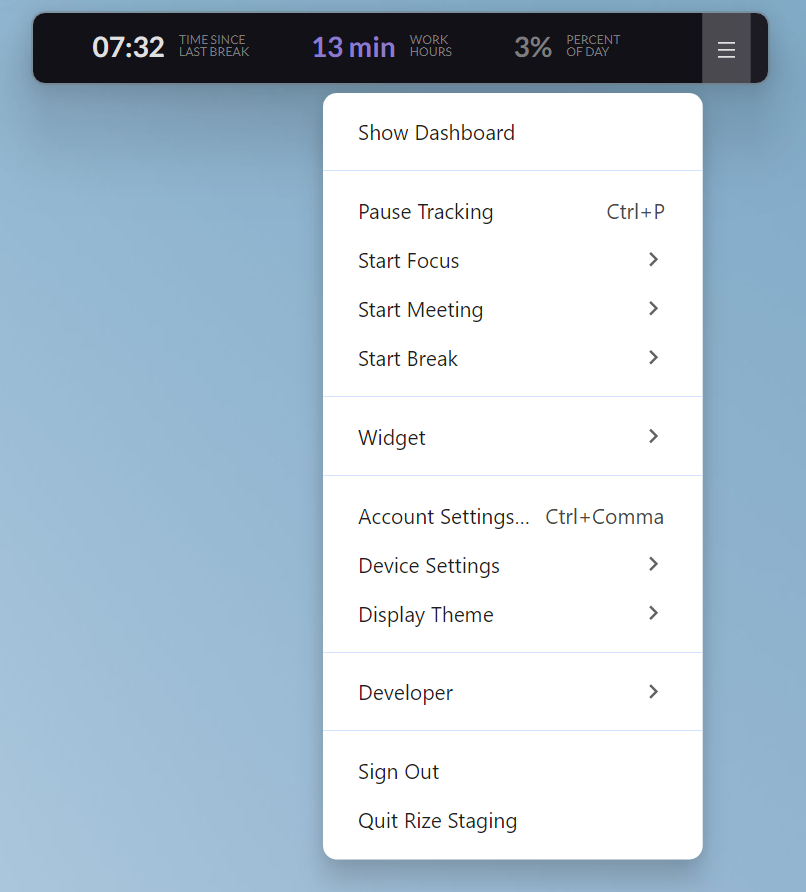 Screenshot showing the Desktop Widget menu