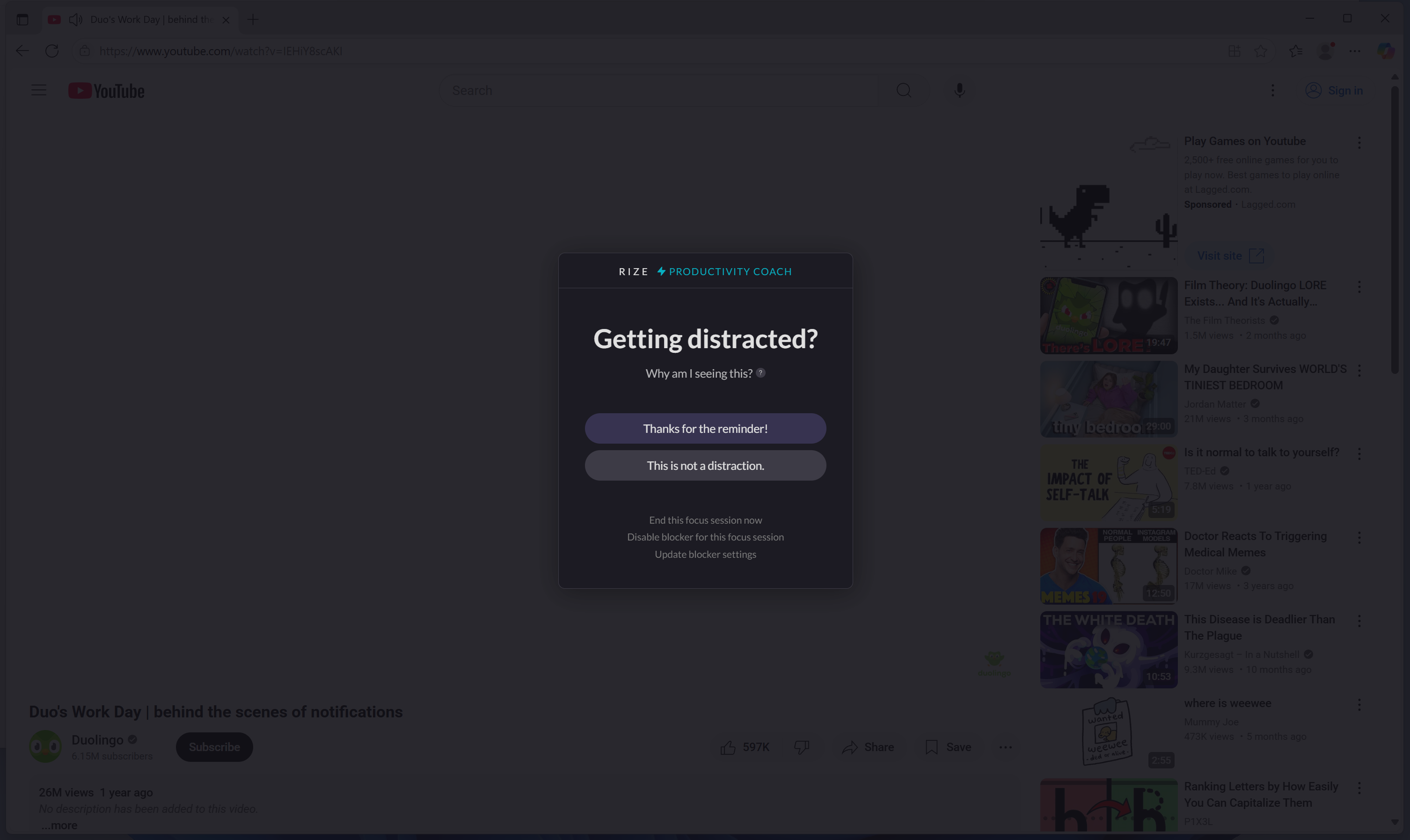 Screenshot showing the Distraction Blocker