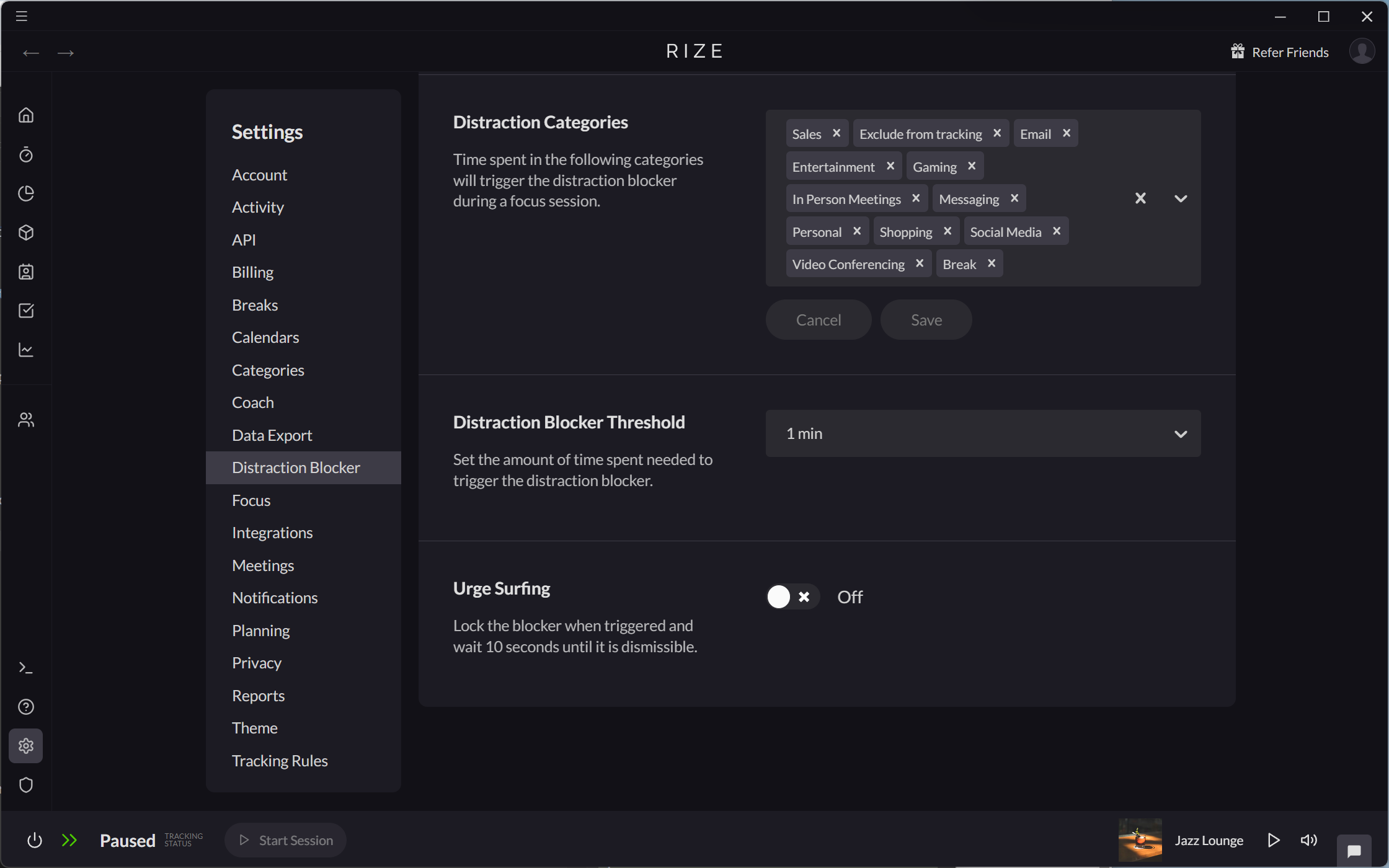 Screenshot showing Distraction Blocker settings