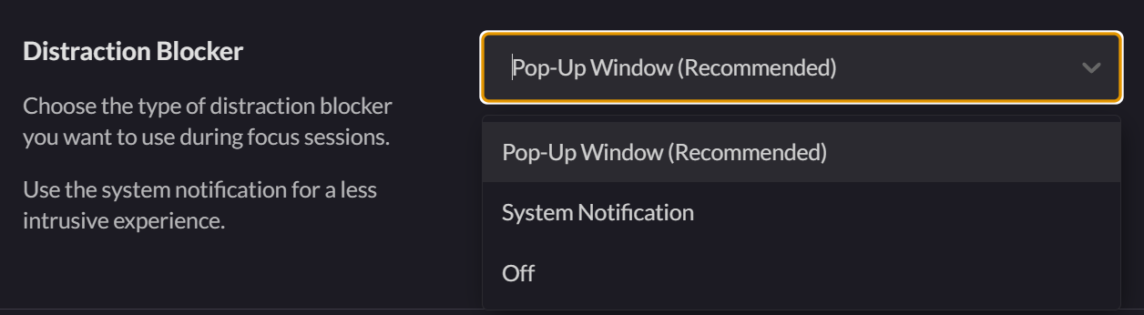 Screenshot showing settings for the Distraction Blocker type