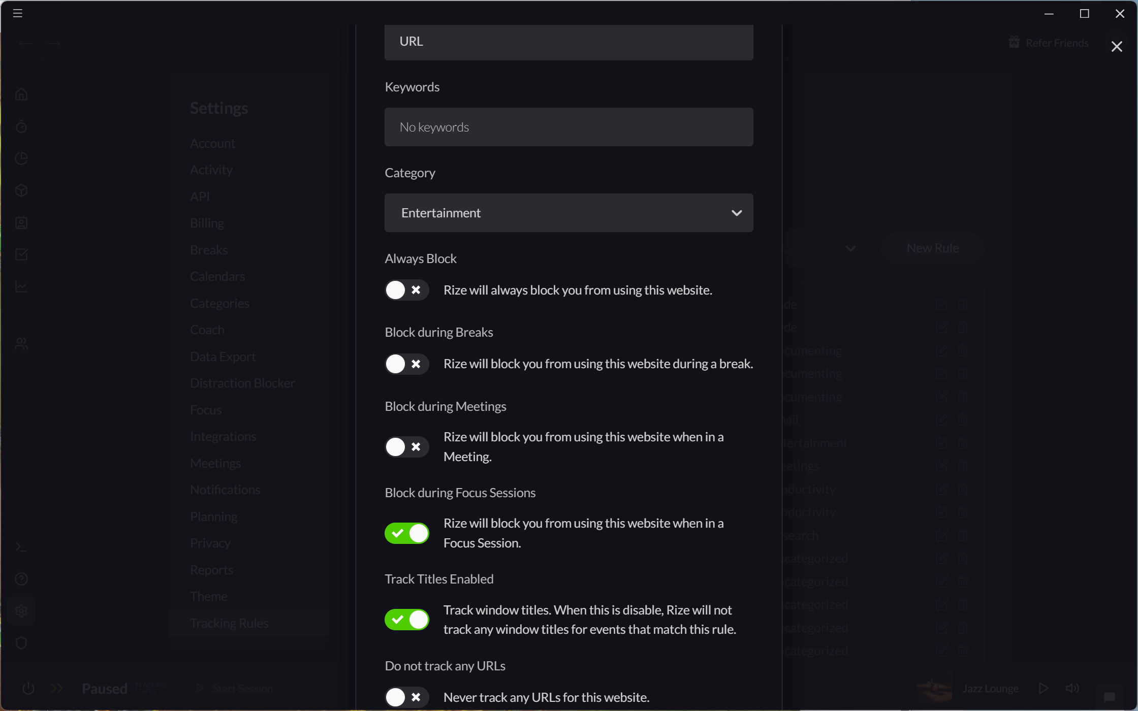 Screenshot showing Tracking Rules settings
