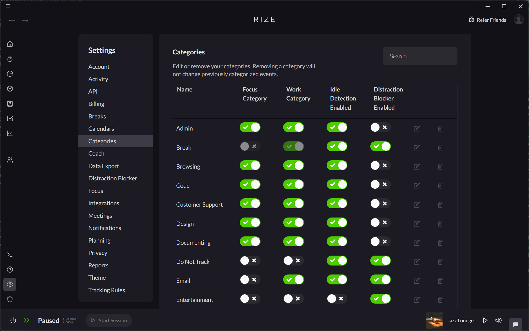Screenshot showing how to set a Focus category in Settings