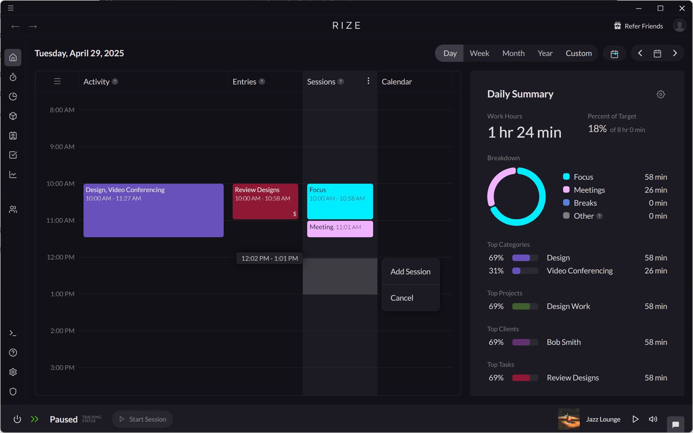 Screenshot showing how to create a Focus Session in the timeline