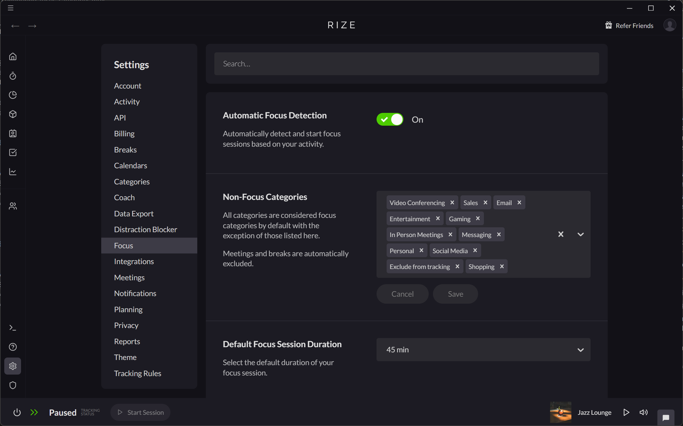 Screenshot showing how to set a Non-Focus category in Settings