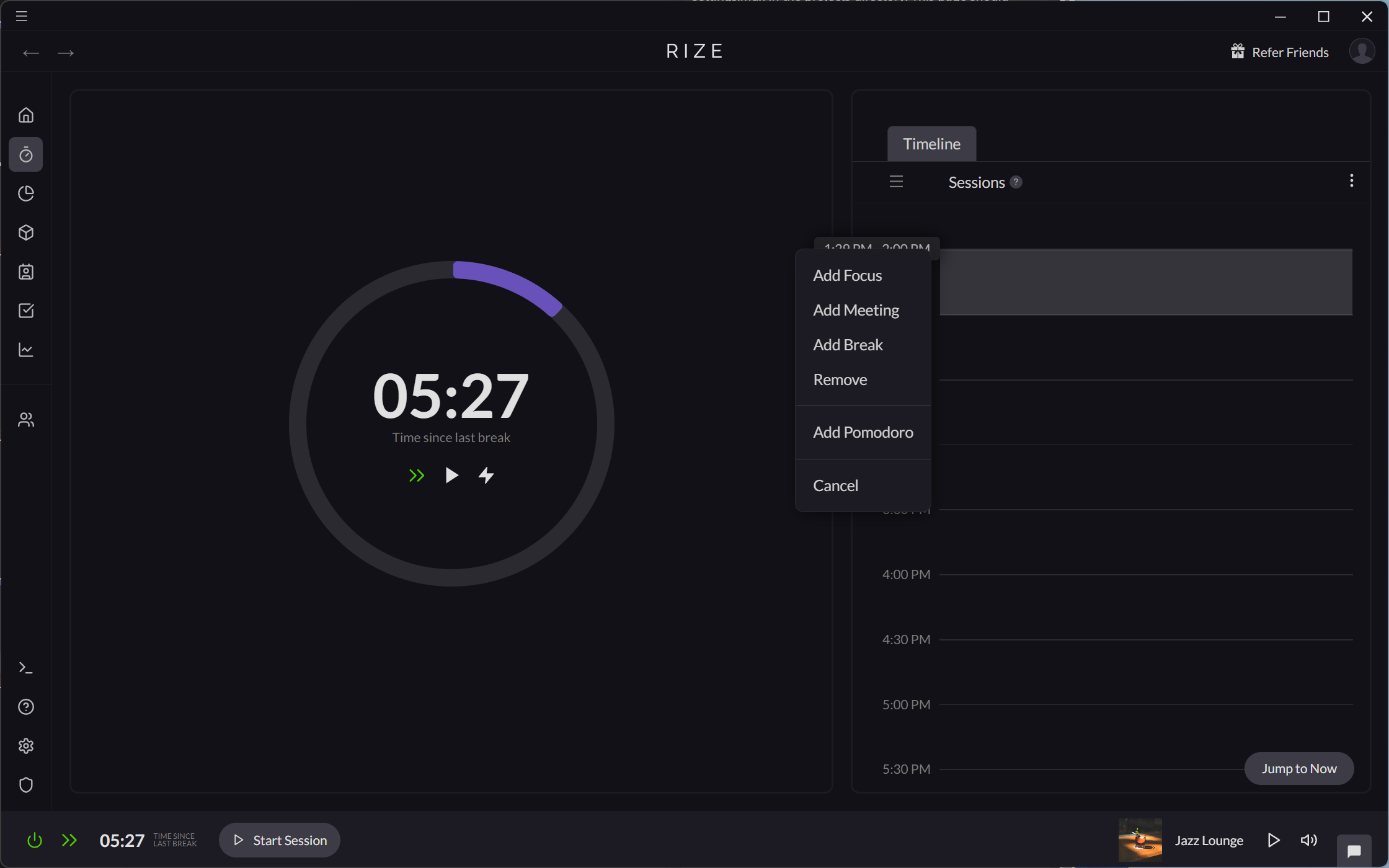 Screenshot showing how to create a Focus Session from the Timer