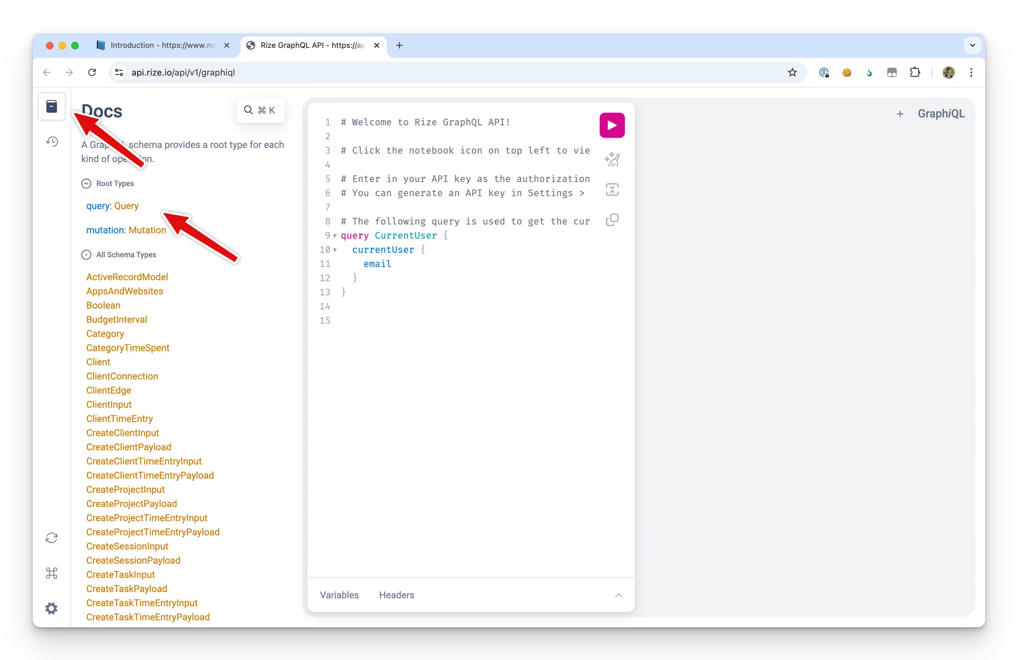 Screenshot showing how to view GraphQL schema documentation