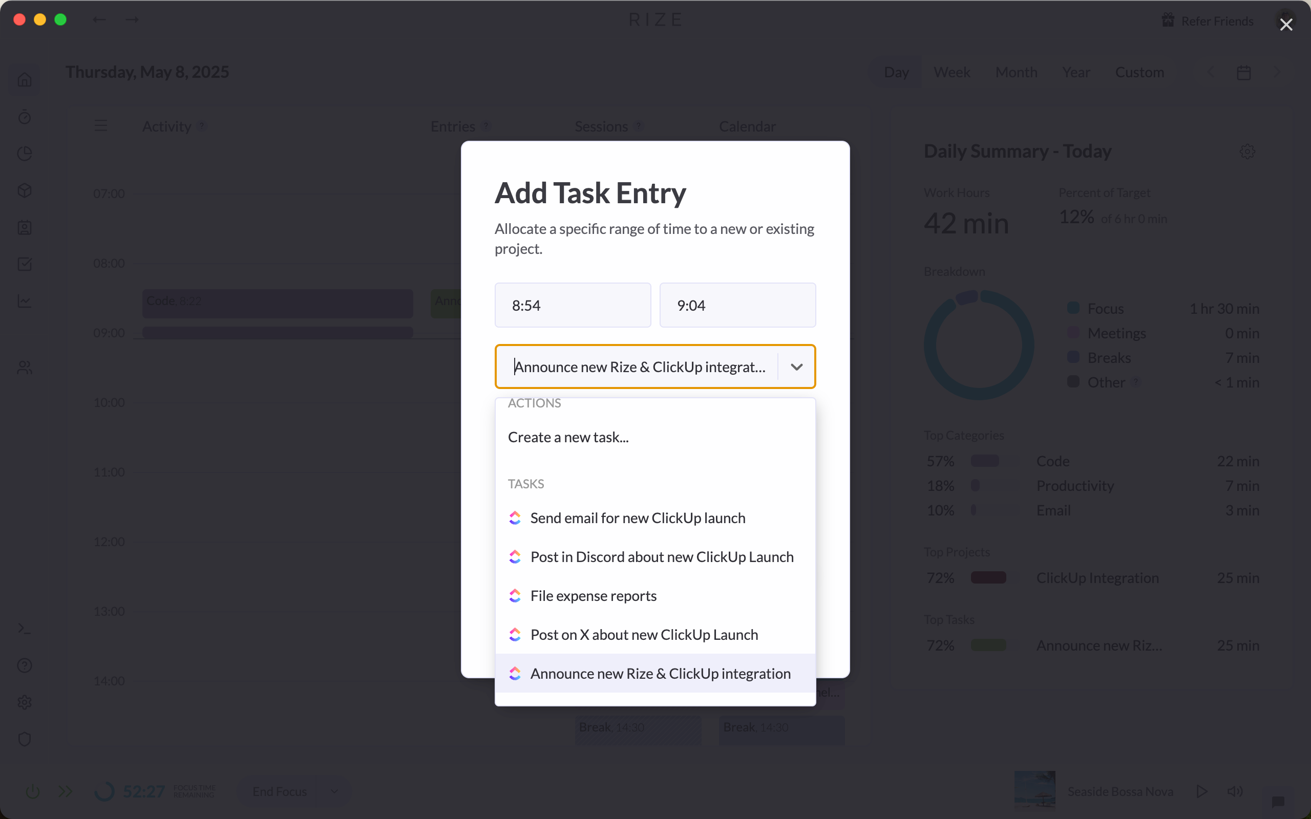 Screenshot showing ClickUp tasks when adding entries