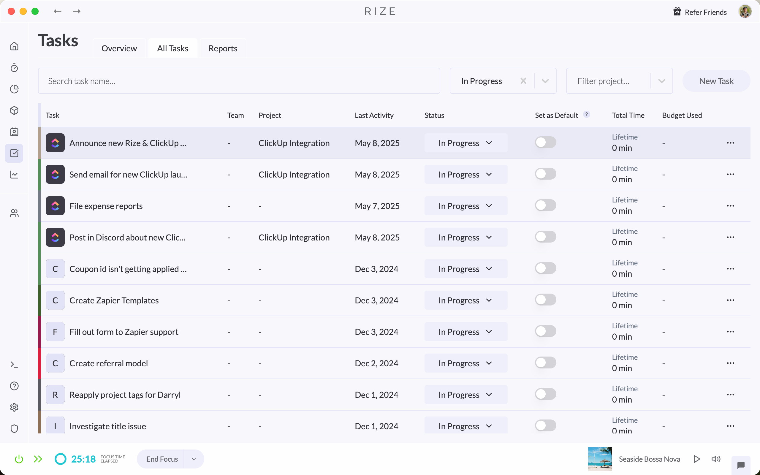 Screenshot showing ClickUp synced tasks in Rize