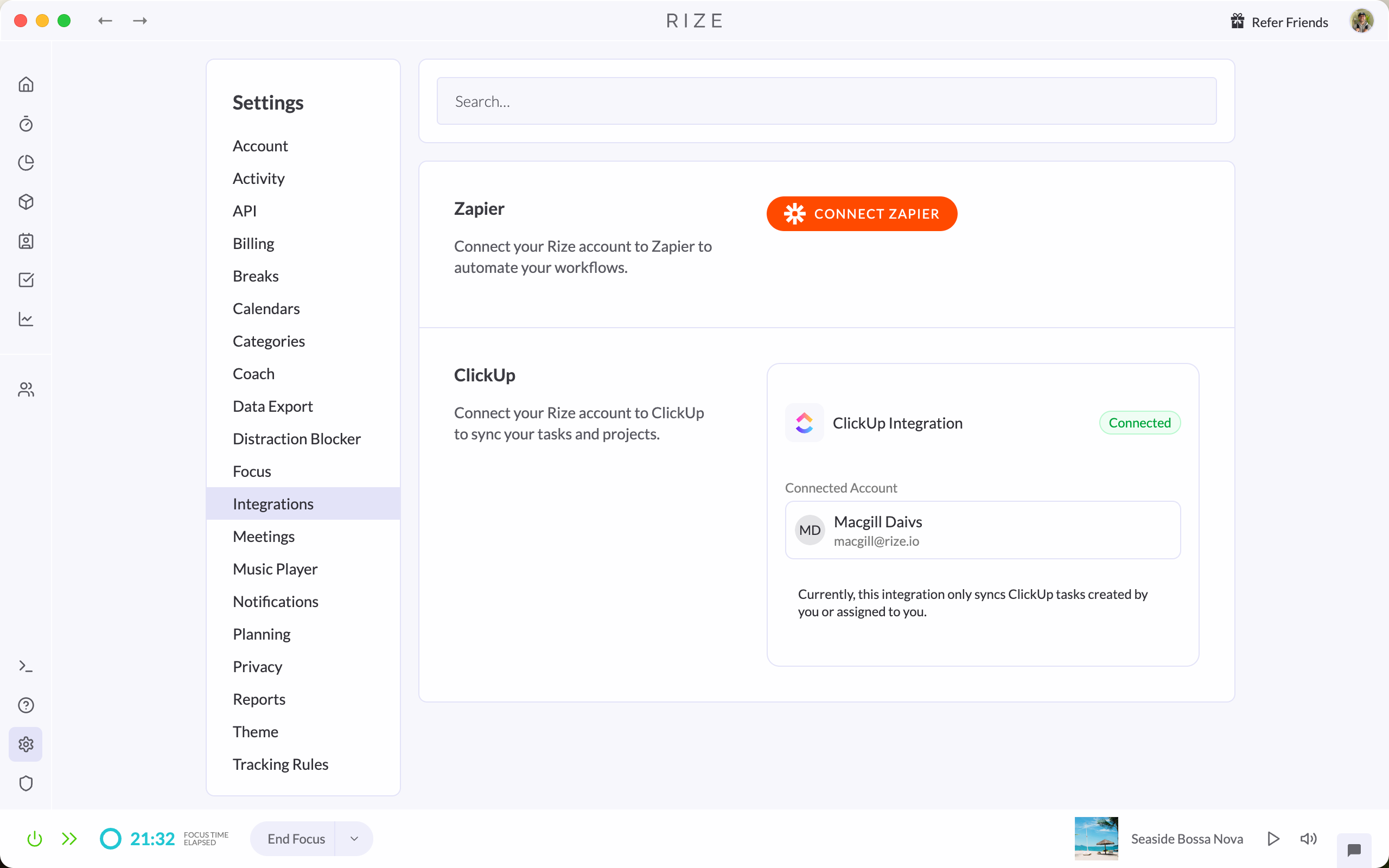 Screenshot showing how to connect ClickUp from Rize