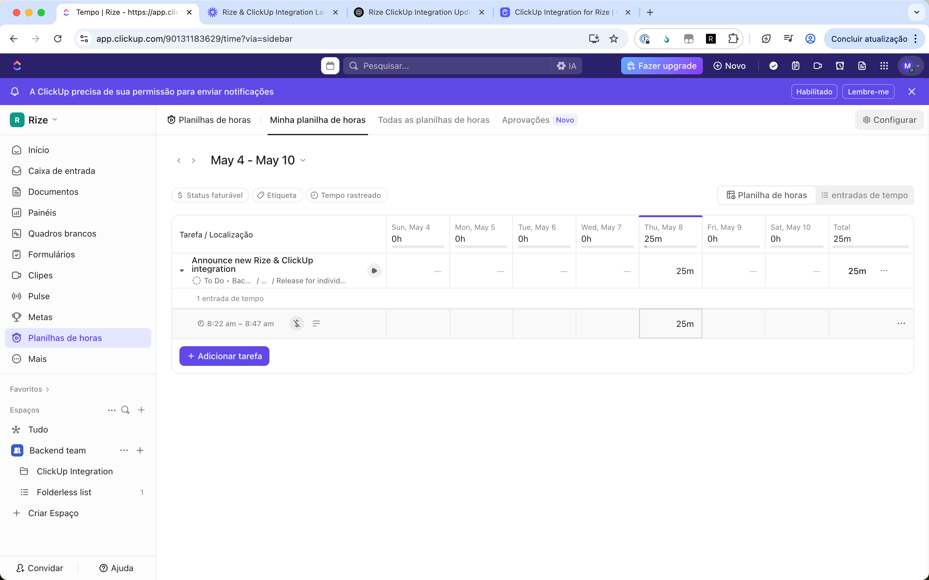 Screenshot showing logged time in ClickUp