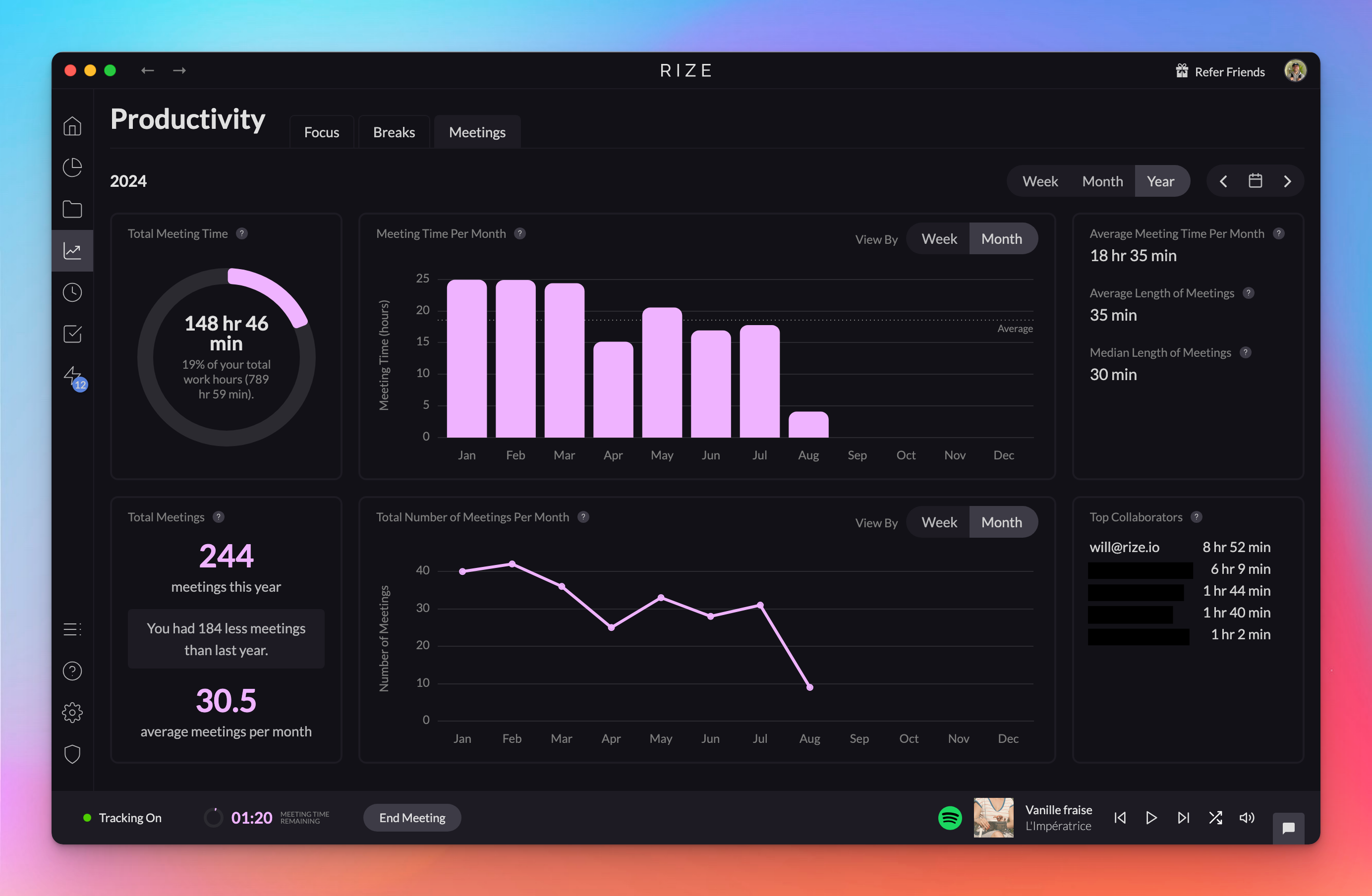 Screenshot showing yearly Meetings metrics