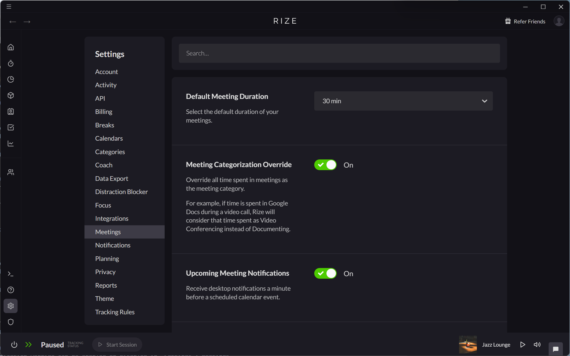 Screenshot showing settings for Meetings