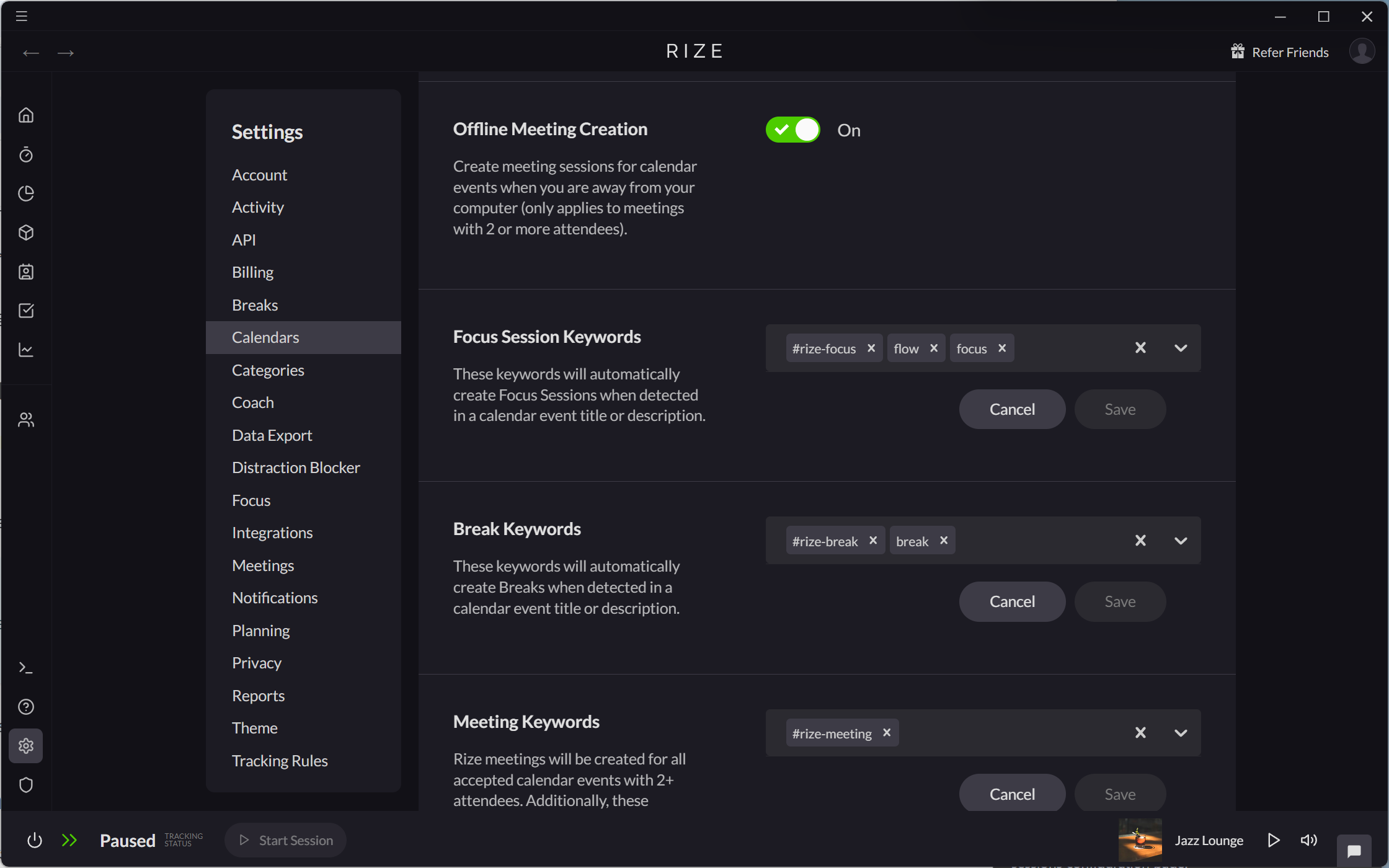 Screenshot showing how to toggle Offline Meeting Creation in Settings