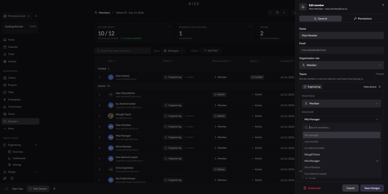 Screenshot showing the searchable manager select in the member edit sheet