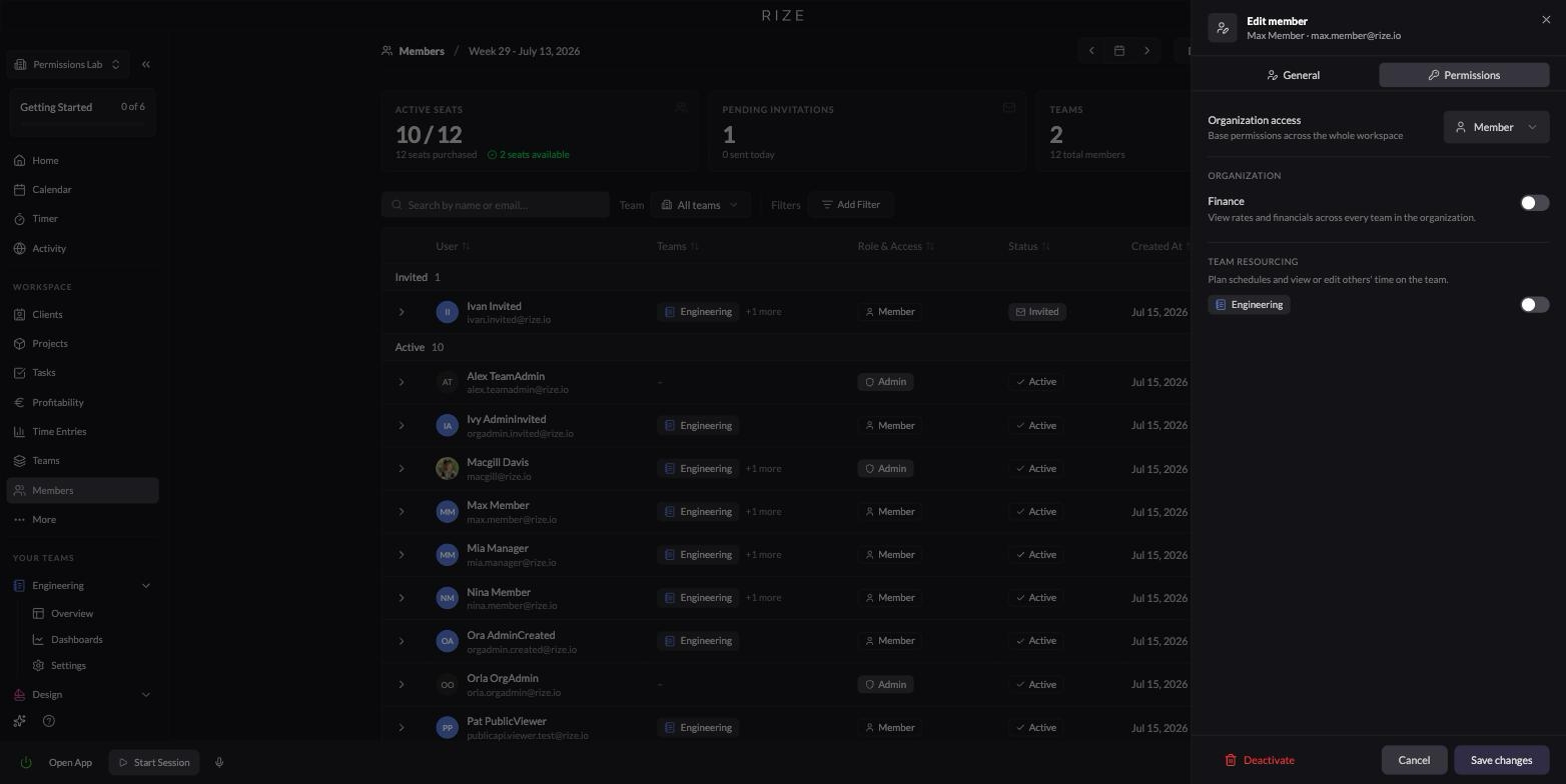Screenshot of the member edit sheet Permissions tab