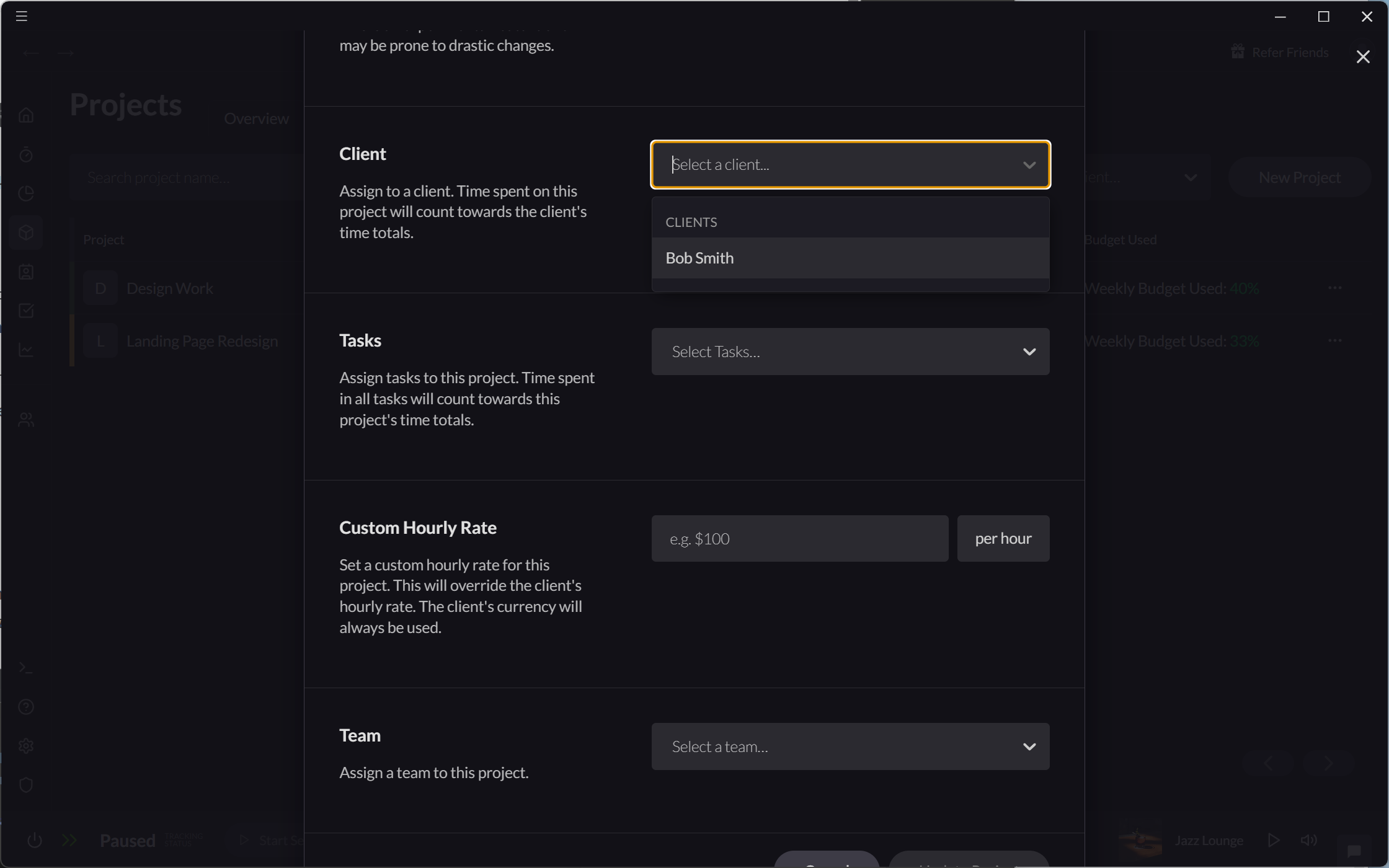 Screenshot showing setting to assign time using projects