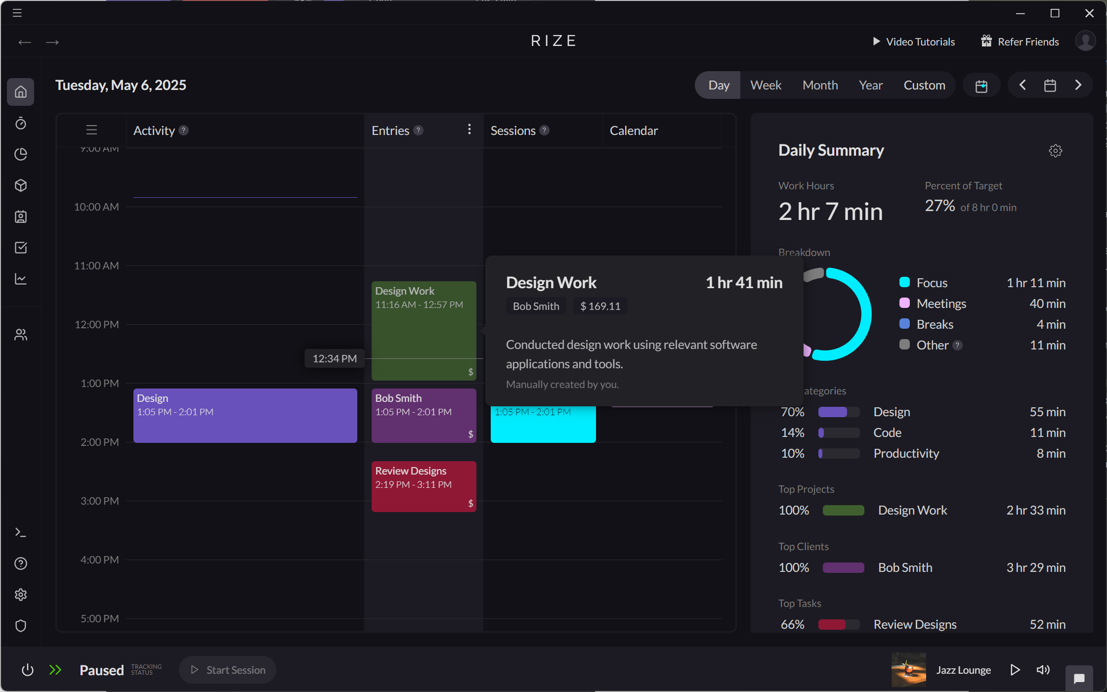 Screenshot showing billable amount on Project Entry tooltip