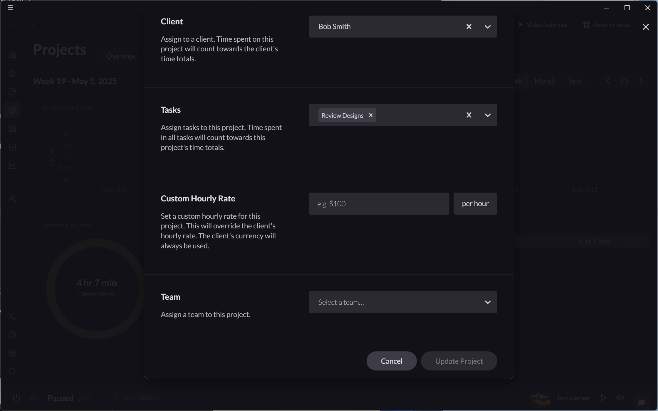 Screenshot showing how to set hourly rates for projects