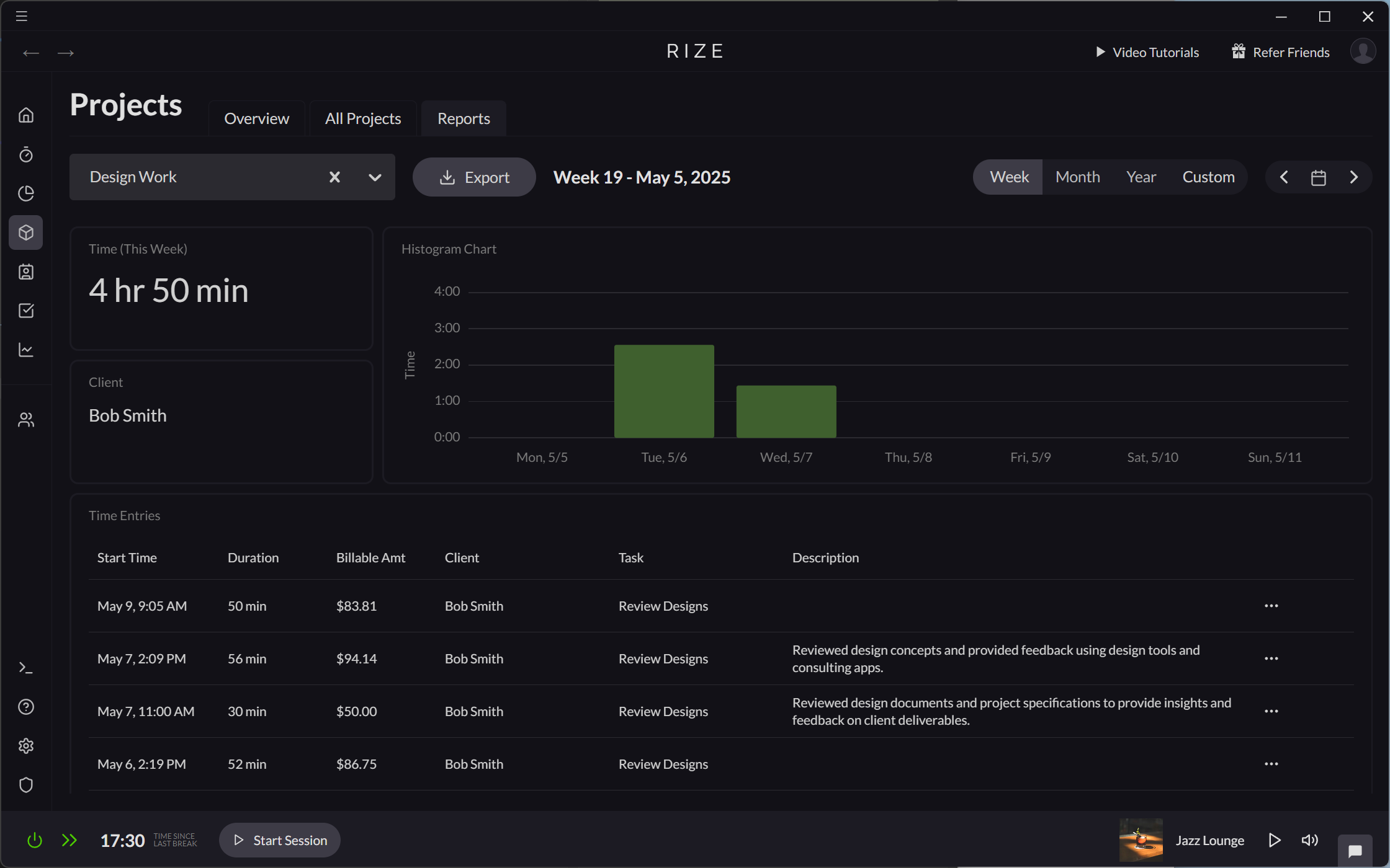 Screenshot showing the Projects Report interface in Rize