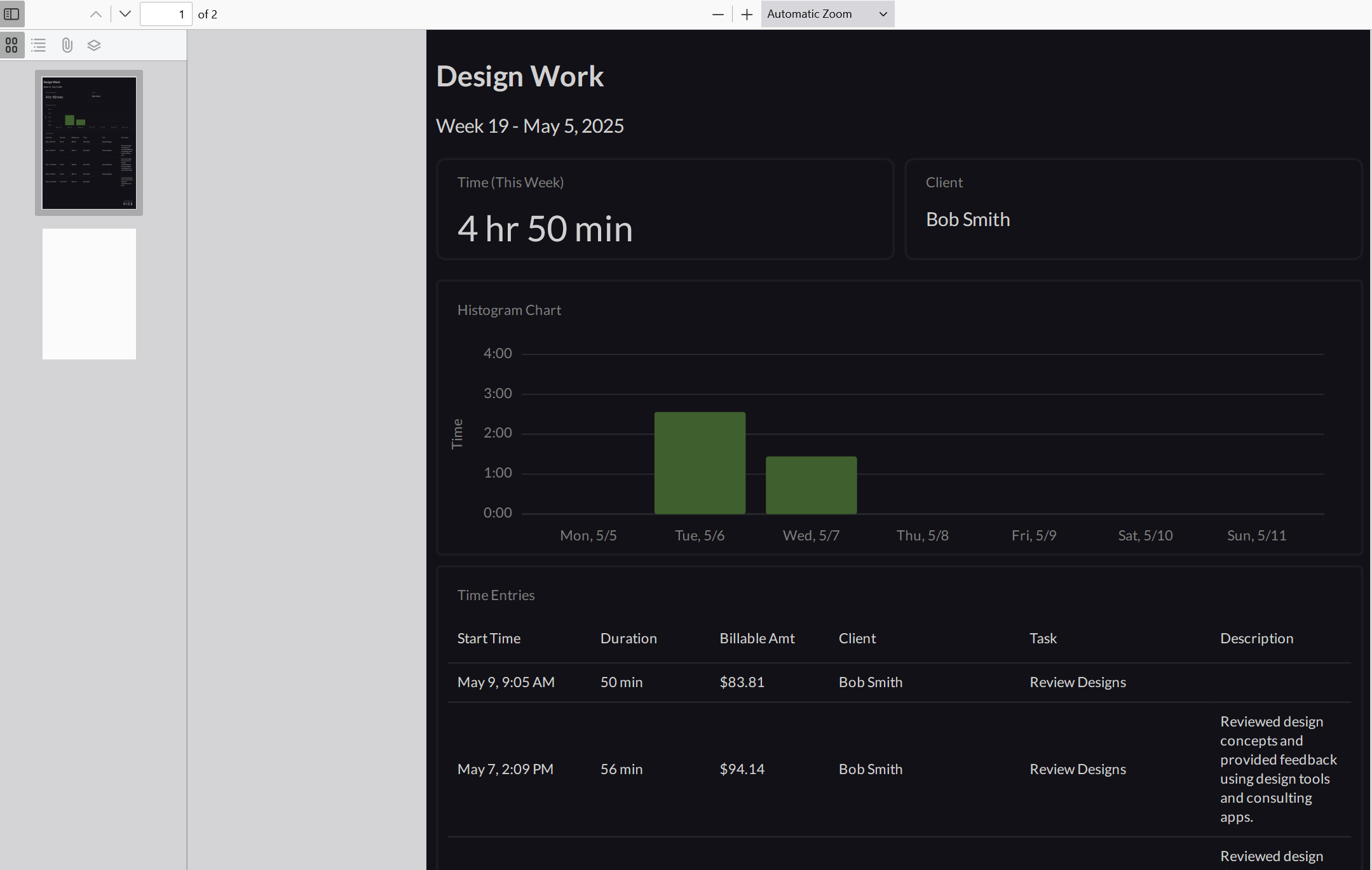 Screenshot showing an exported Project Report PDF