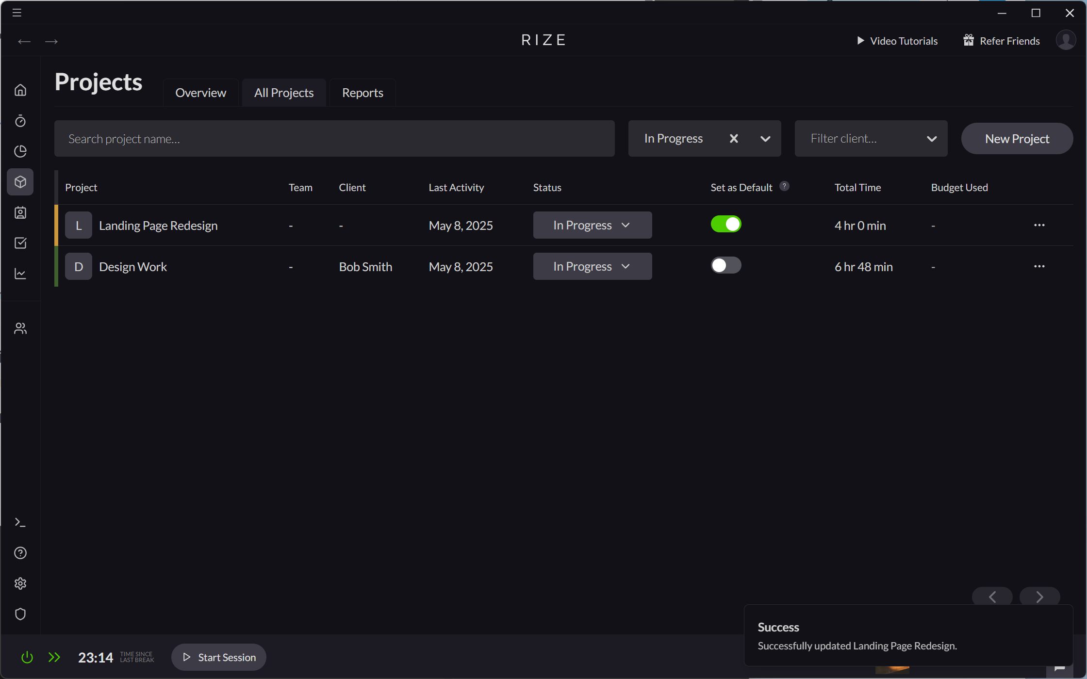 Screenshot showing a project set to default