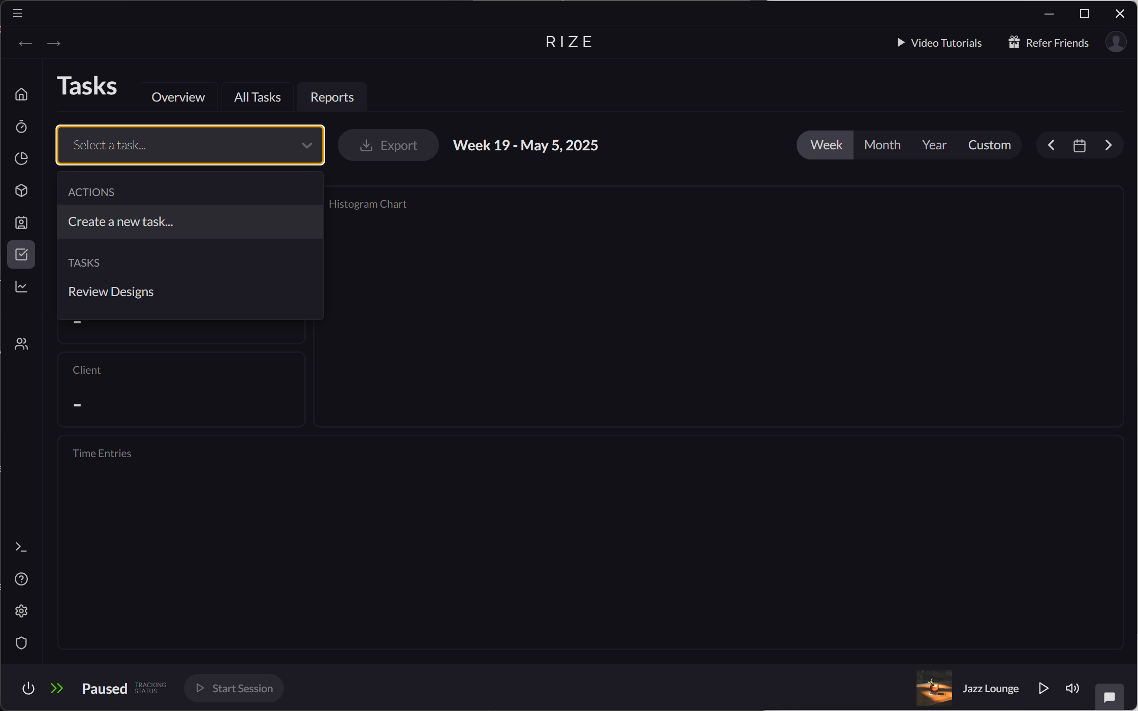 Screenshot showing how to create a new task from the Task Reports page