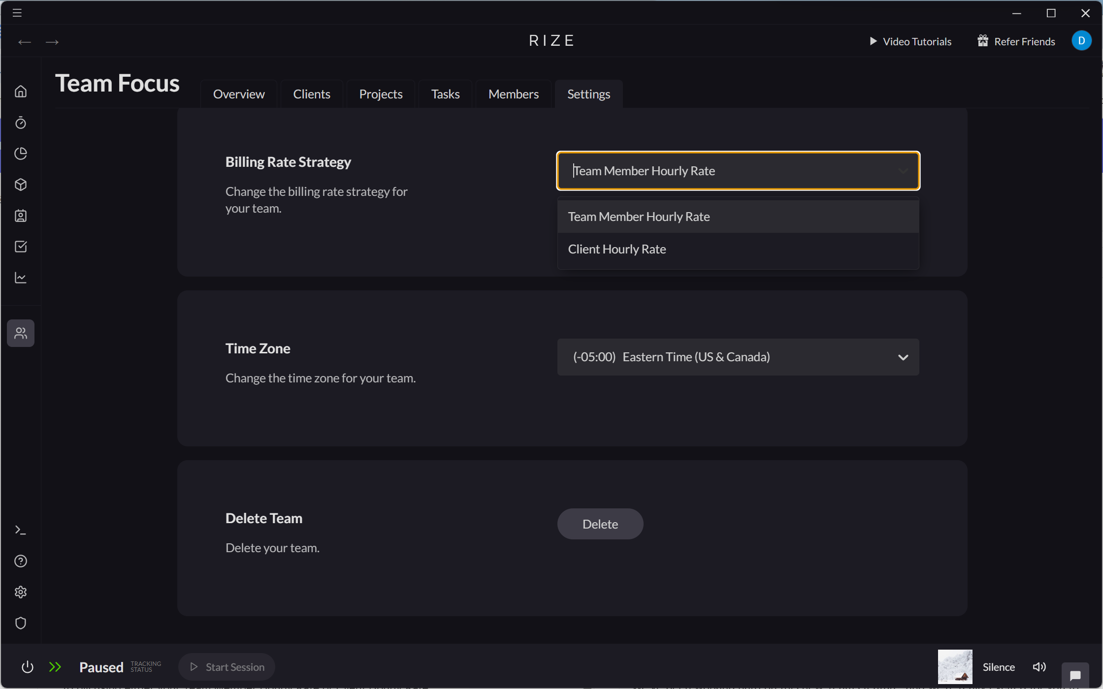 Screenshot showing the Team Billing Strategy setting