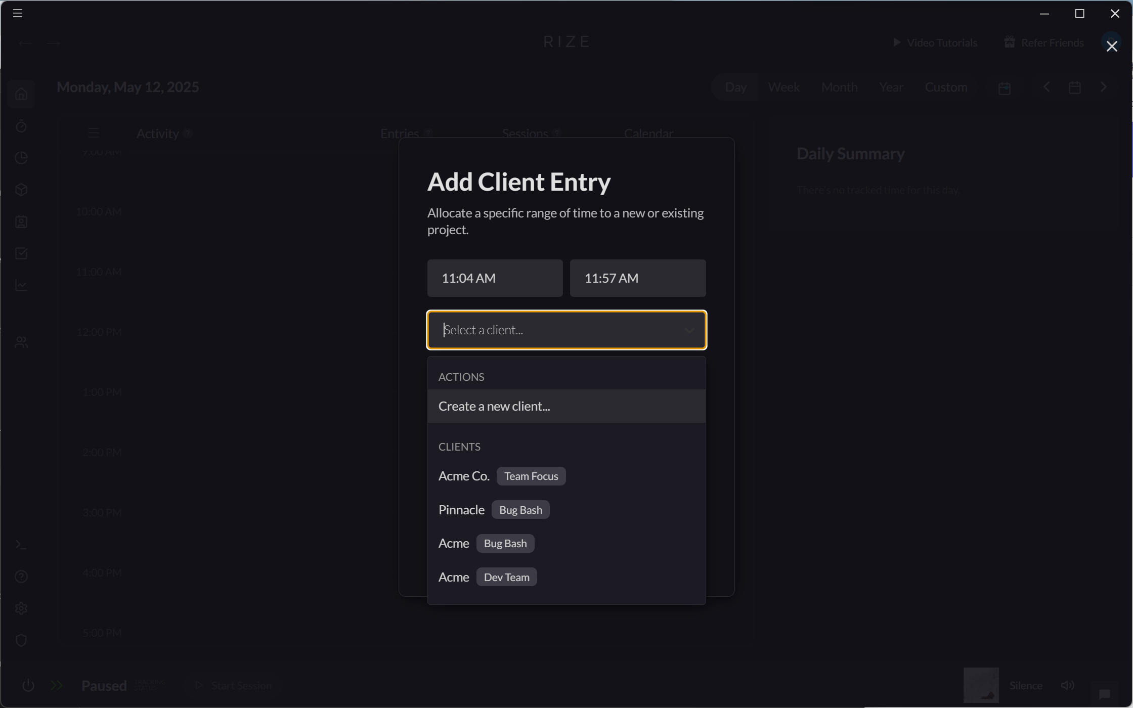 Screenshot showing Team Clients in Add Client Entry