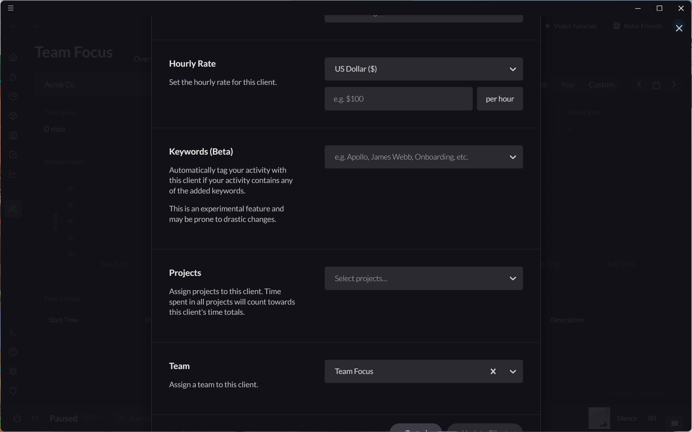 Screenshot showing the Team Client Hourly Rate setting