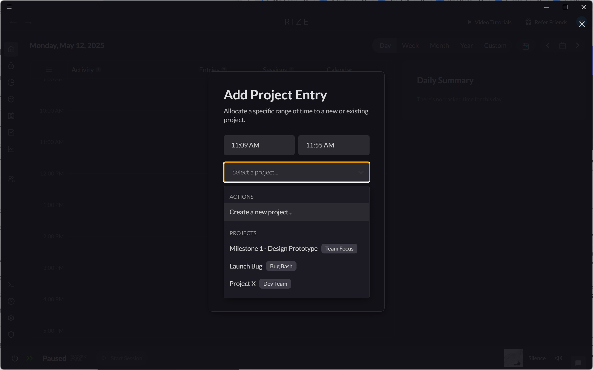 Screenshot showing Team Projects in Add Project Entry