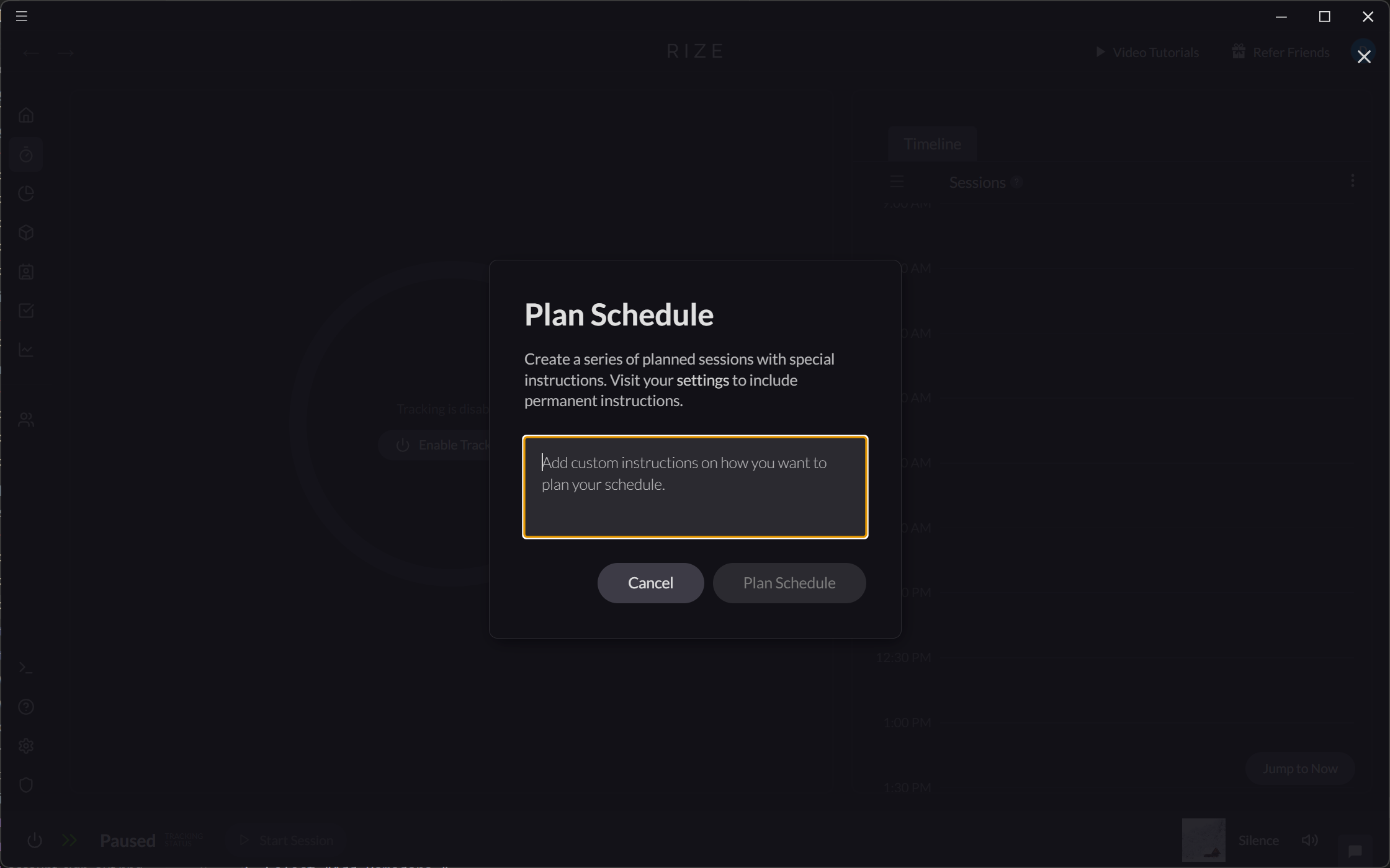 Screenshot showing the Plan Schedule modal