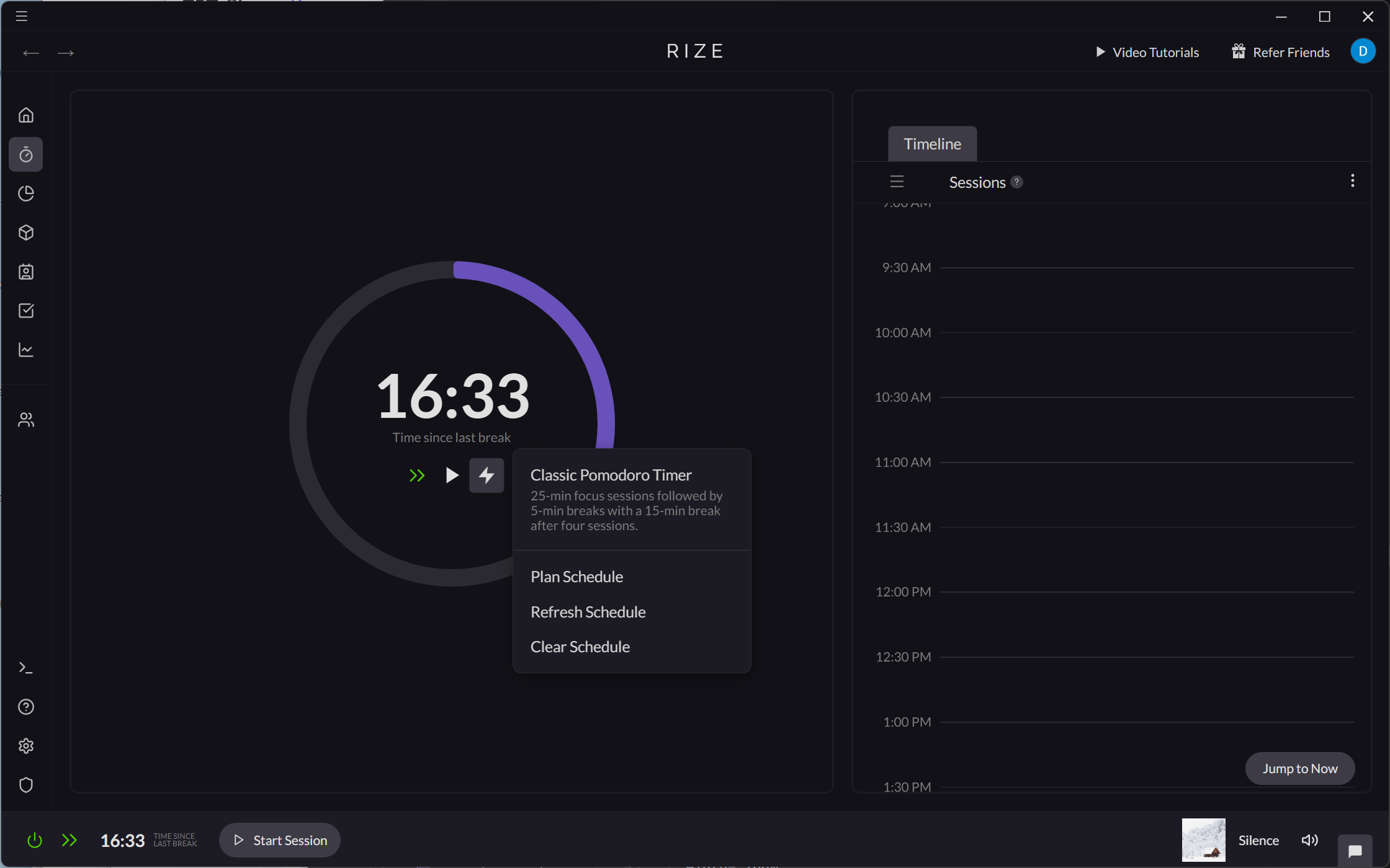 Screenshot showing how to create a Pomodoro Session from the Timer