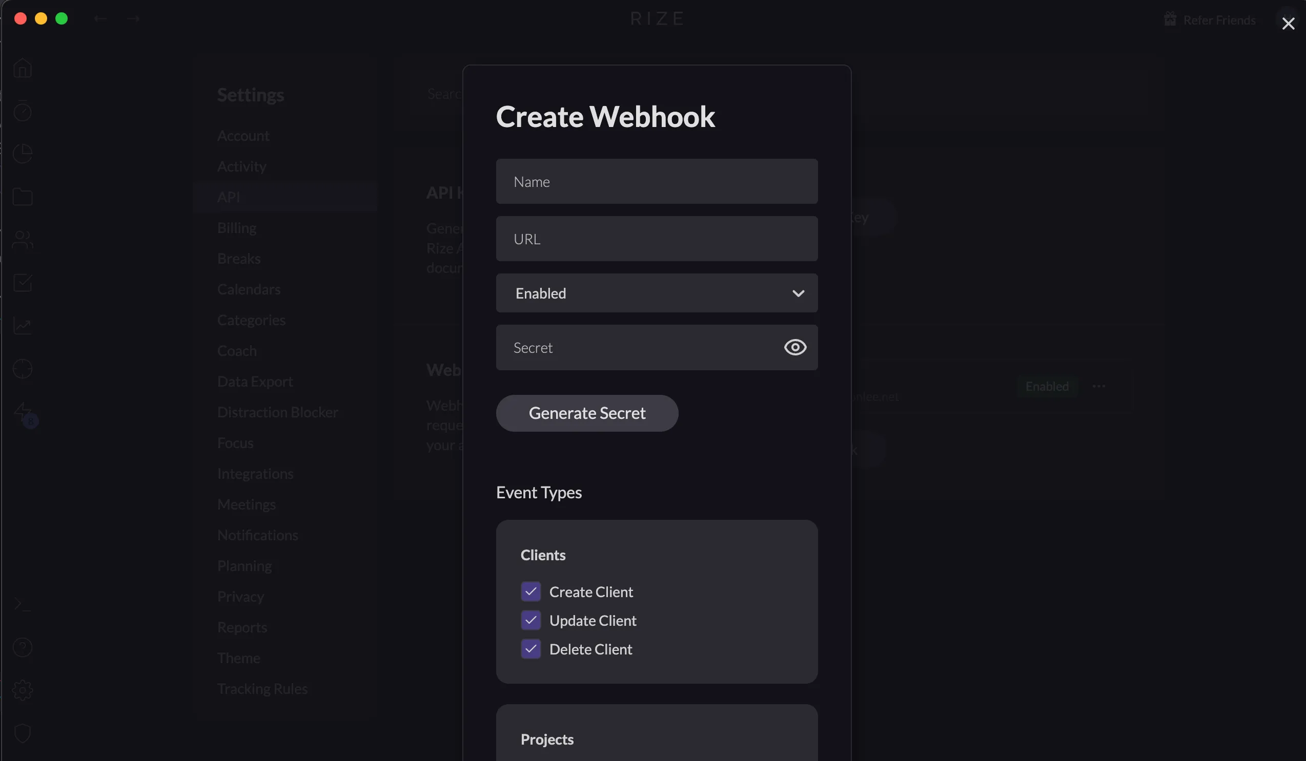 Screenshot showing the Create Webhook modal