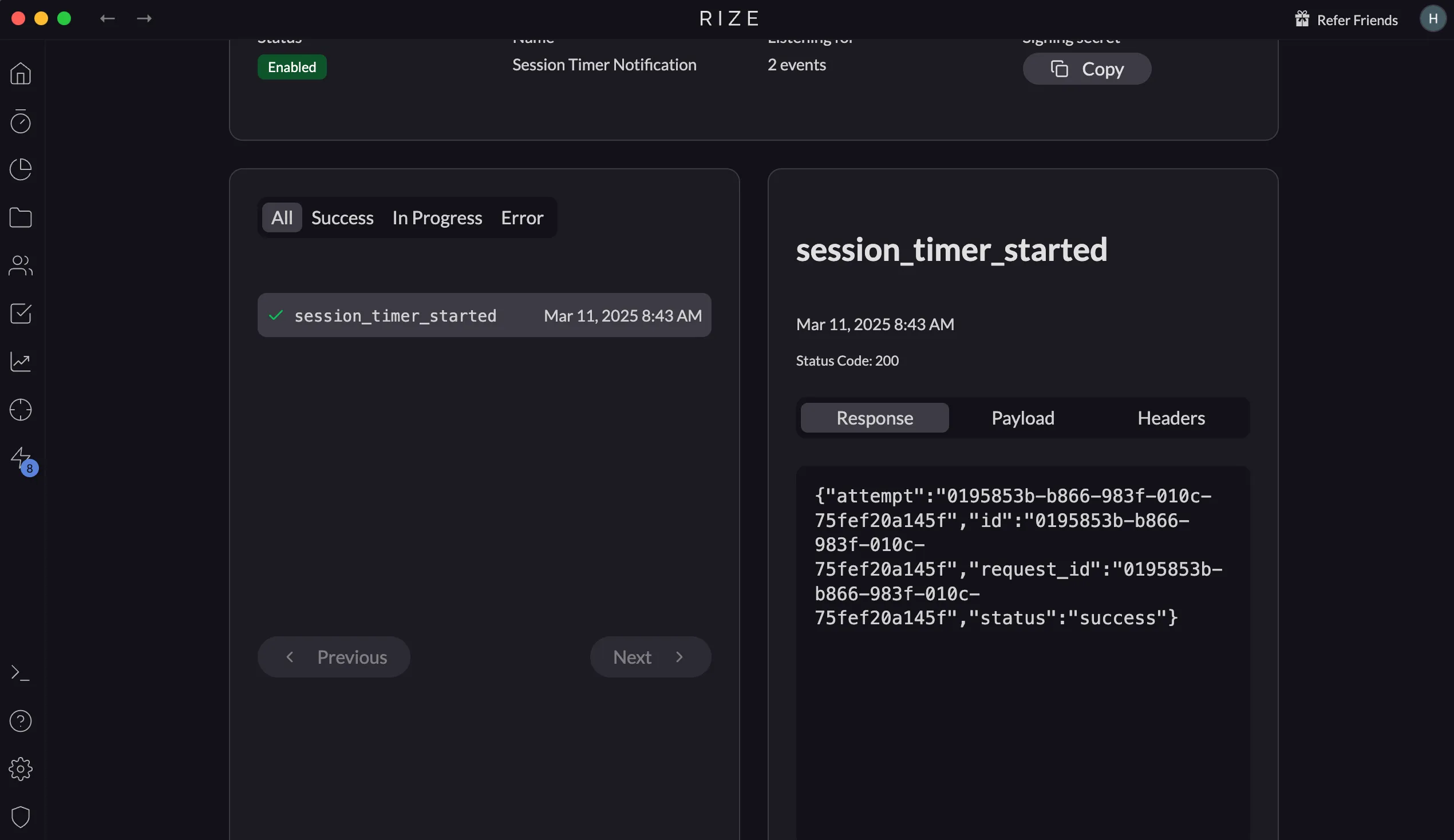 Screenshot showing webhook event details