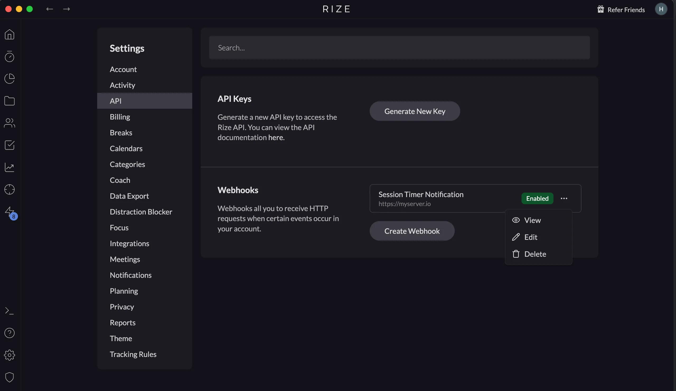 Screenshot showing how to manage webhooks