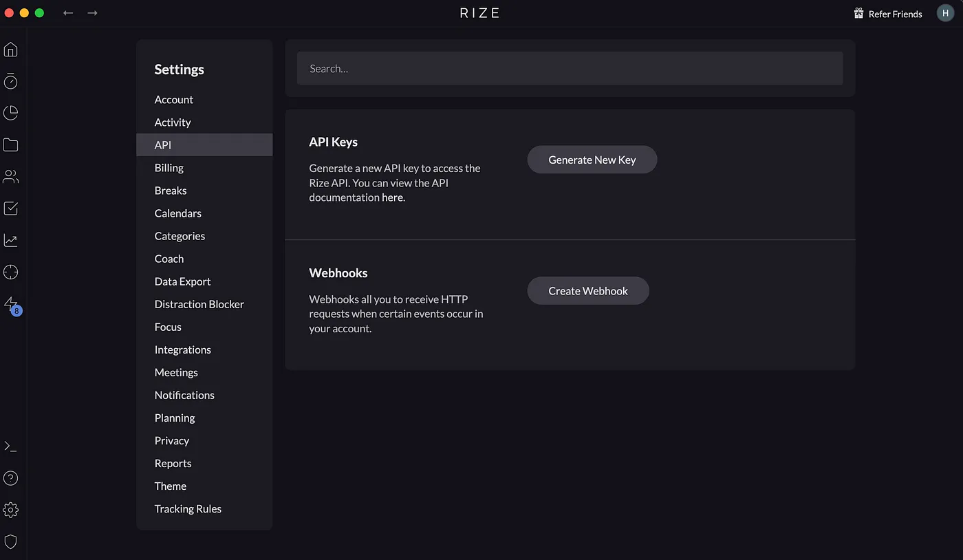 Screenshot showing the API settings