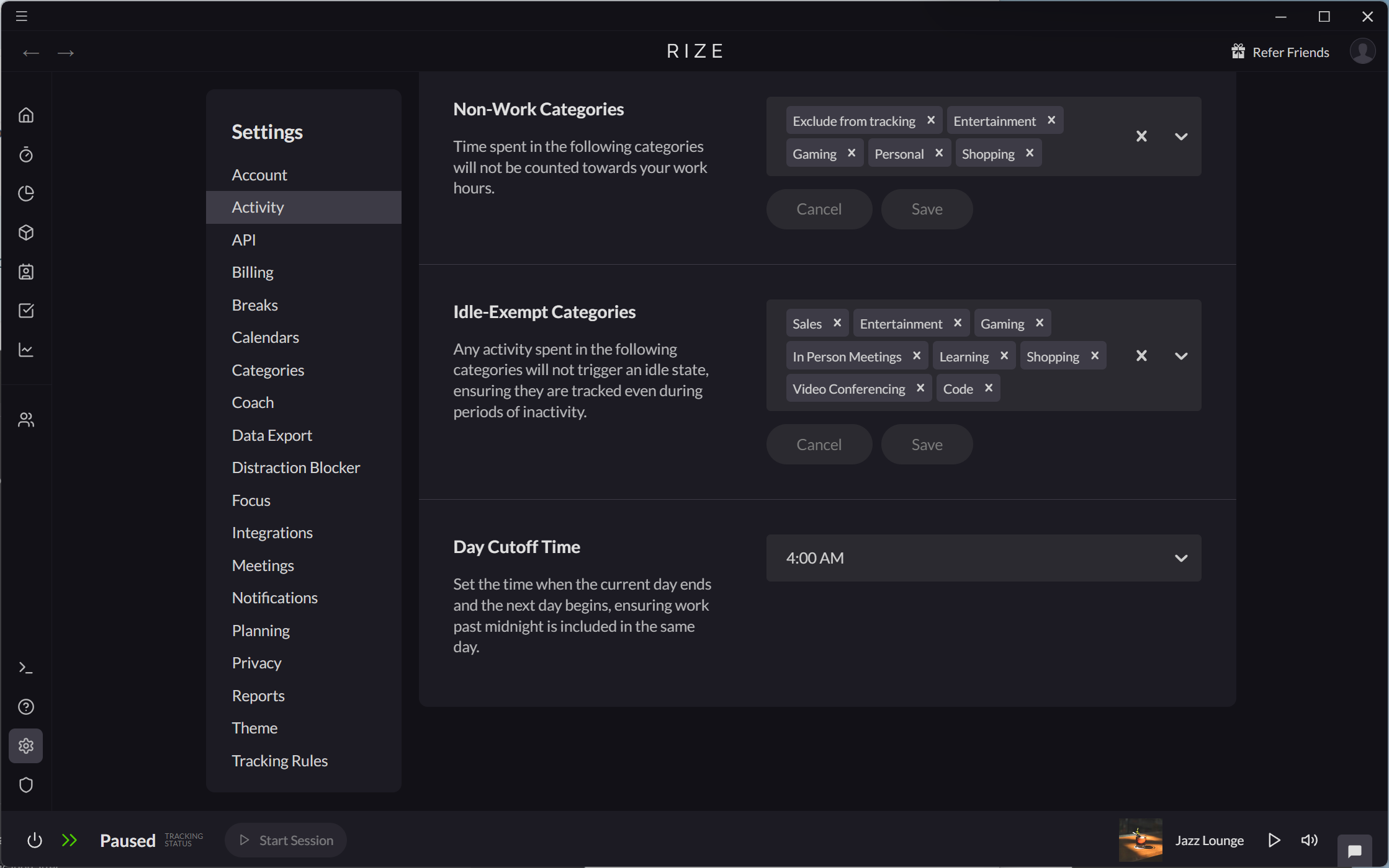 Screenshot showing the Non-Work Categories setting